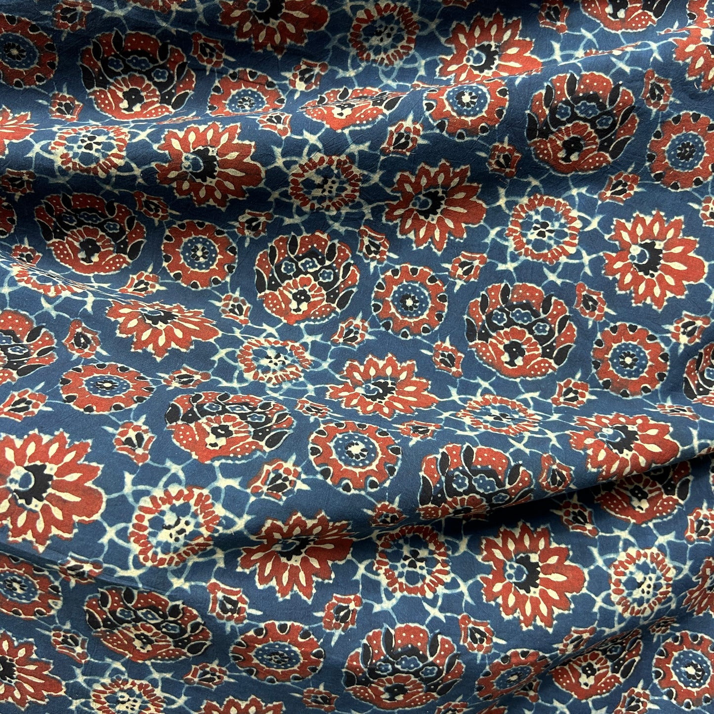 Ajrakh Blue Floral Hand Block Printed Fabric