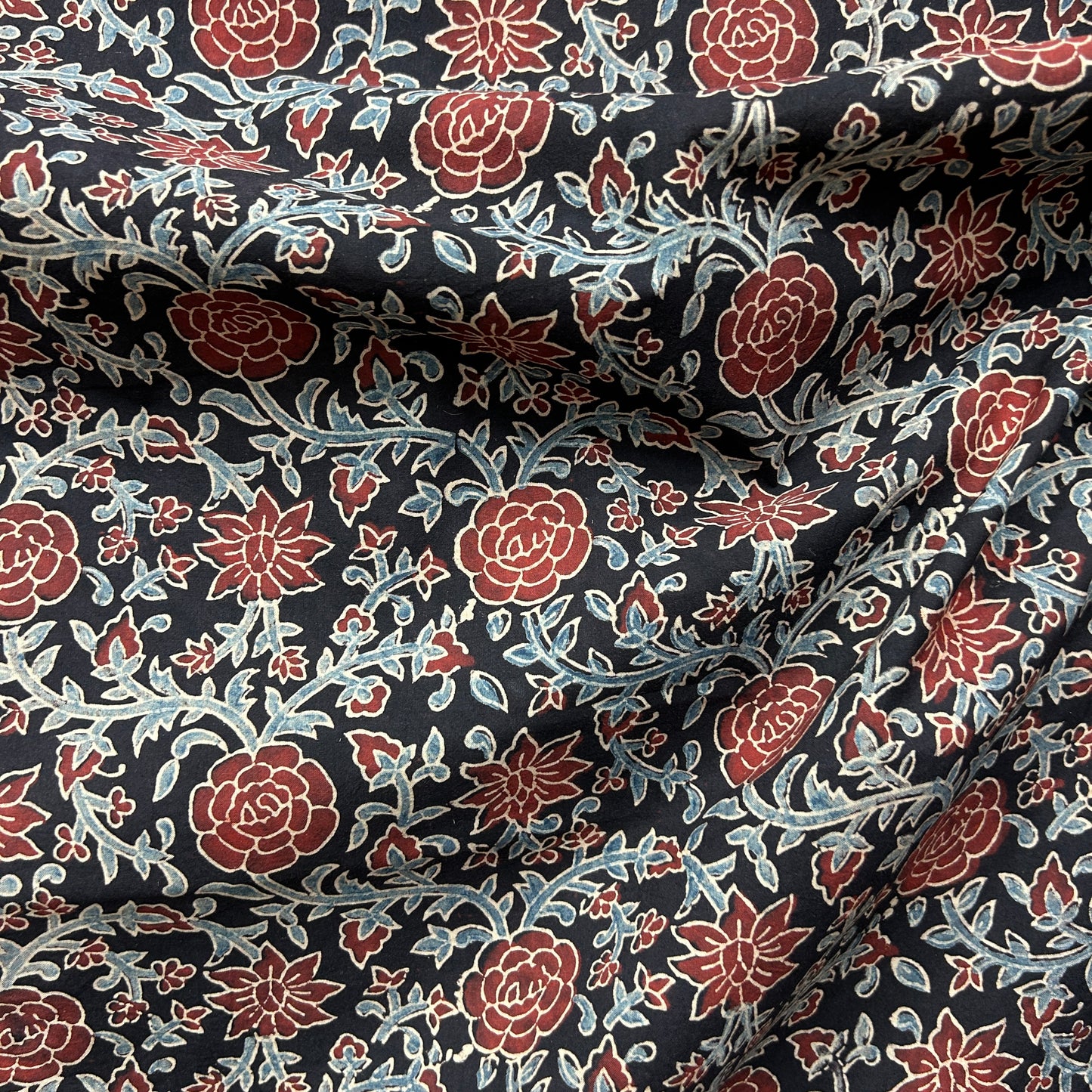 Ajrakh Black Floral Hand Block Printed Fabric