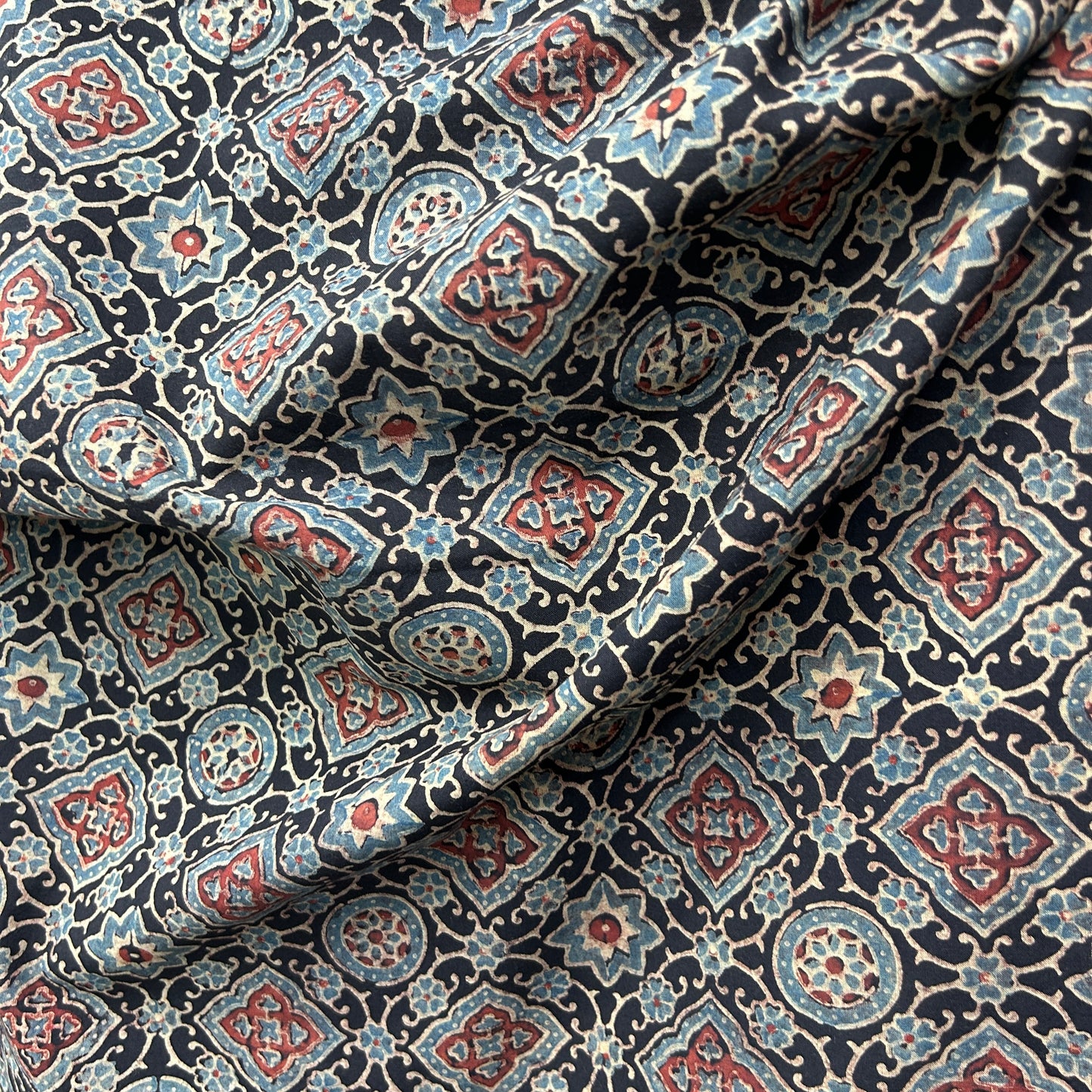 Ajrakh Black Floral Hand Block Printed Fabric