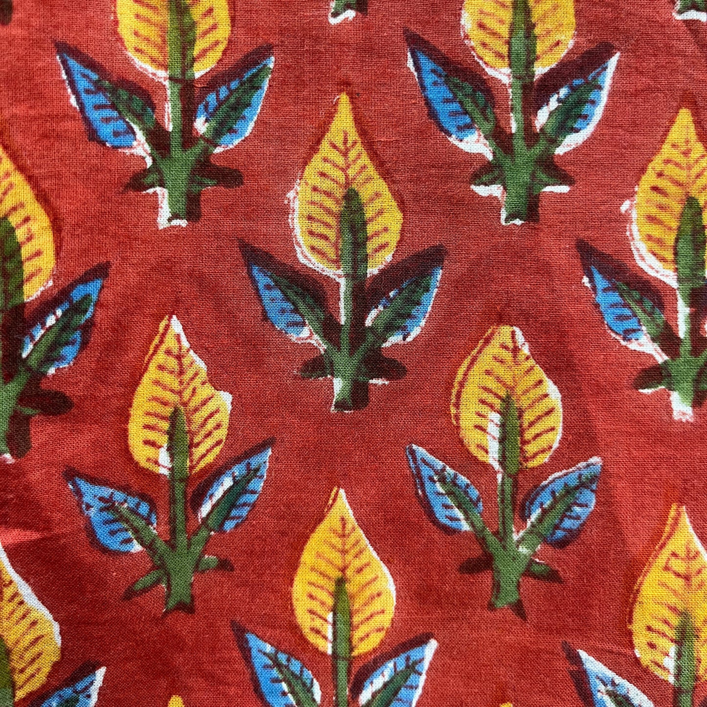 Sanganeri Red Yellow Leaf Motif Hand Block Printed Fabric