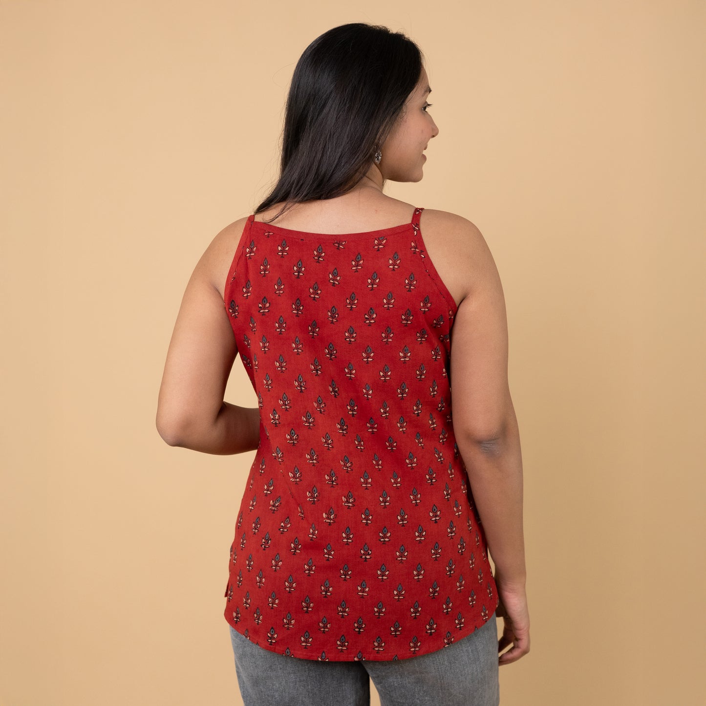 Ajrakh Red Hand Block Printed Spagetti Top