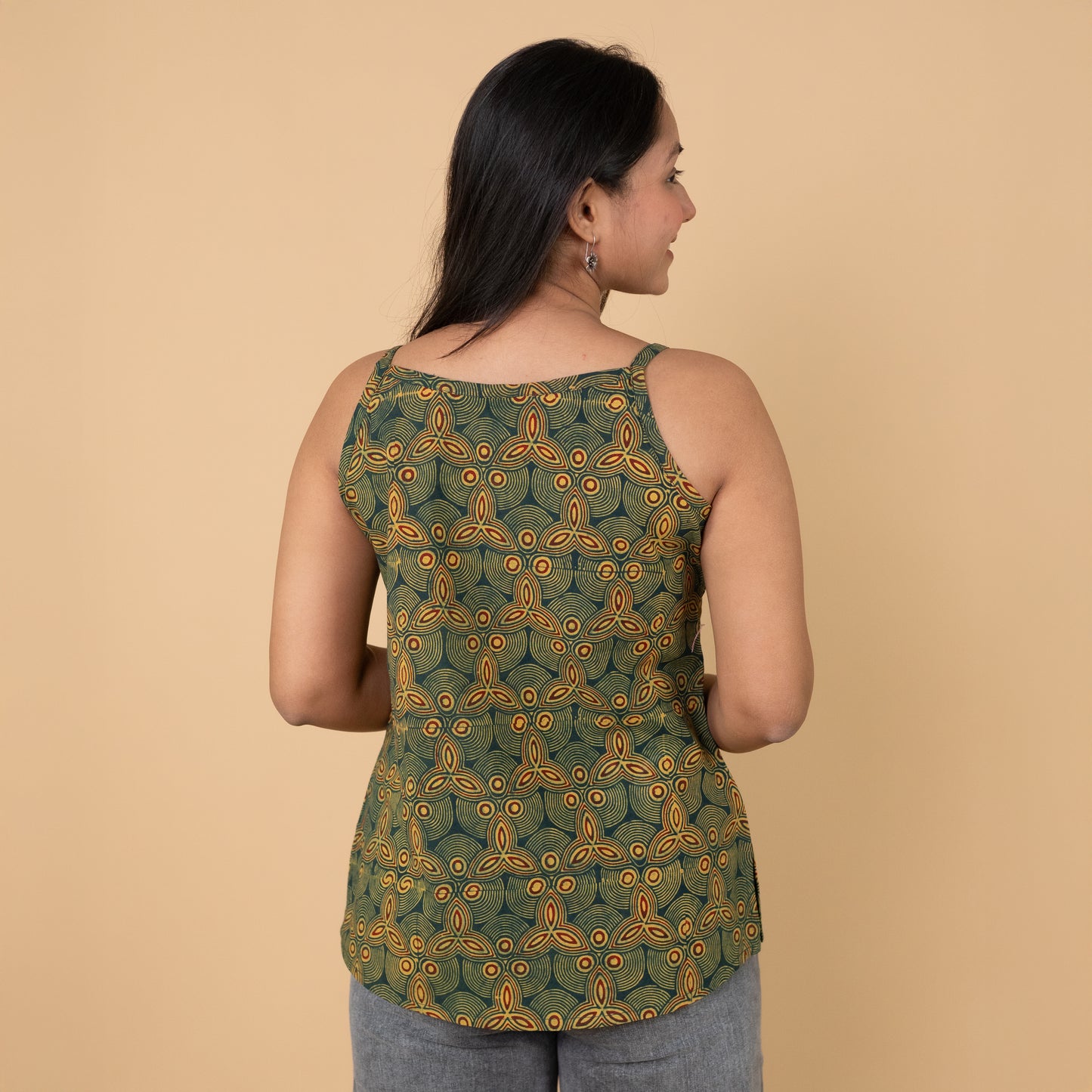 Ajrakh Green Hand Block Printed Spagetti Top