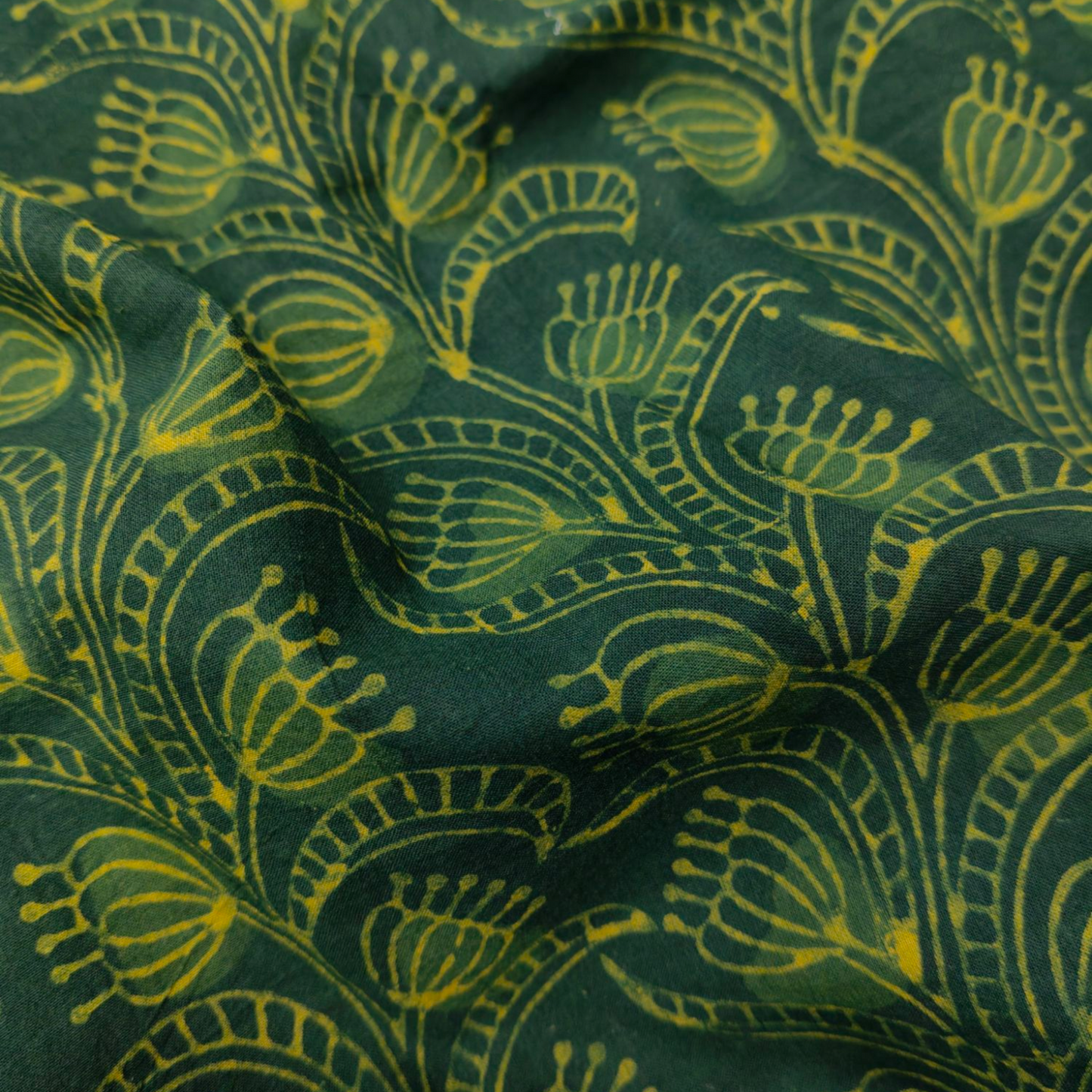 Dabu Green Floral Hand Block Printed Fabric