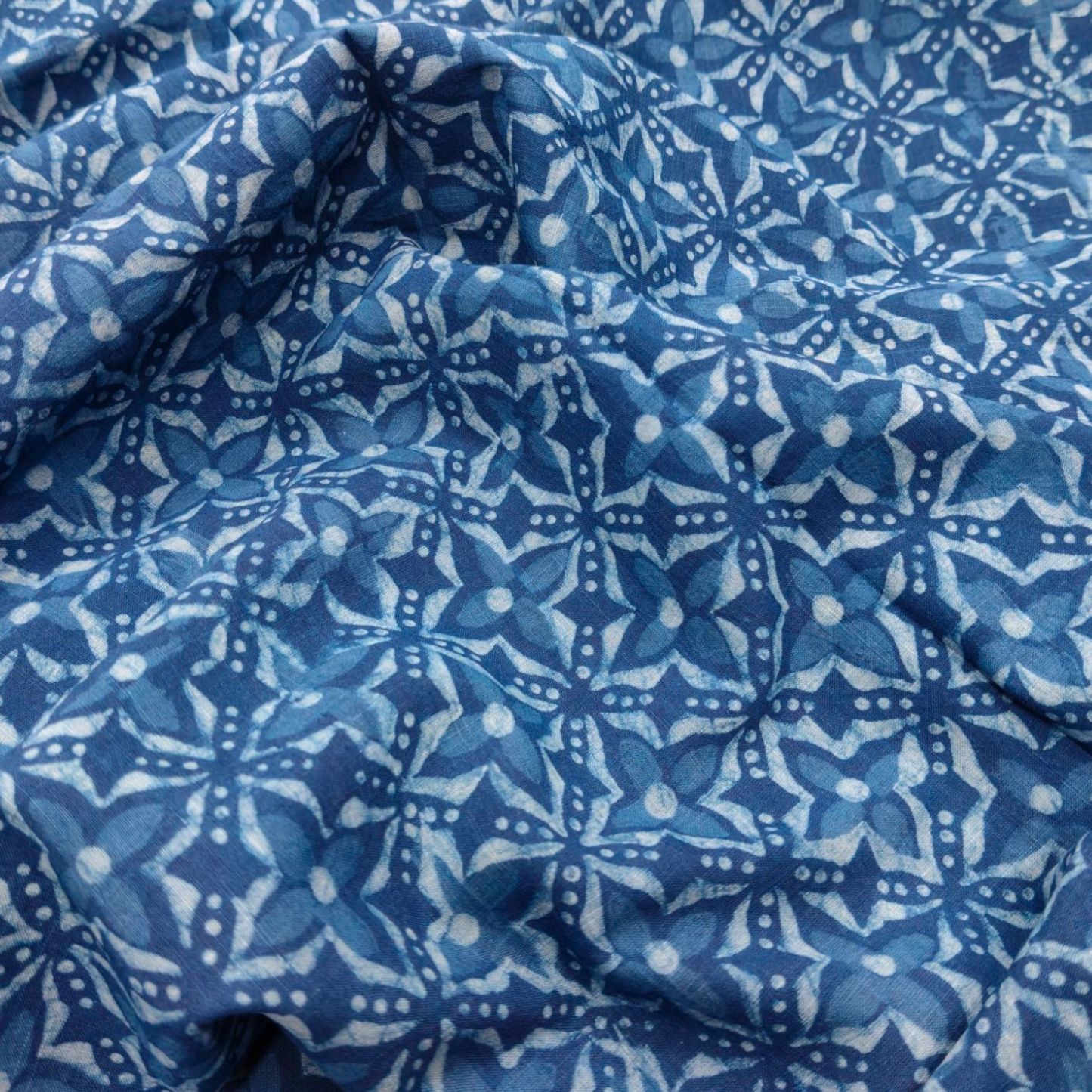 Dabu Blue Slub Cotton Floral Hand Block Printed Fabric