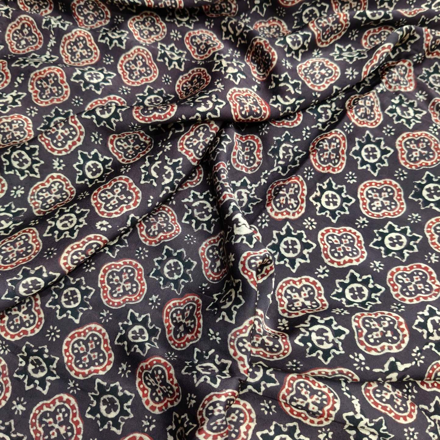 Modal Silk Ajrakh Brown Floral Hand Block Printed Fabric