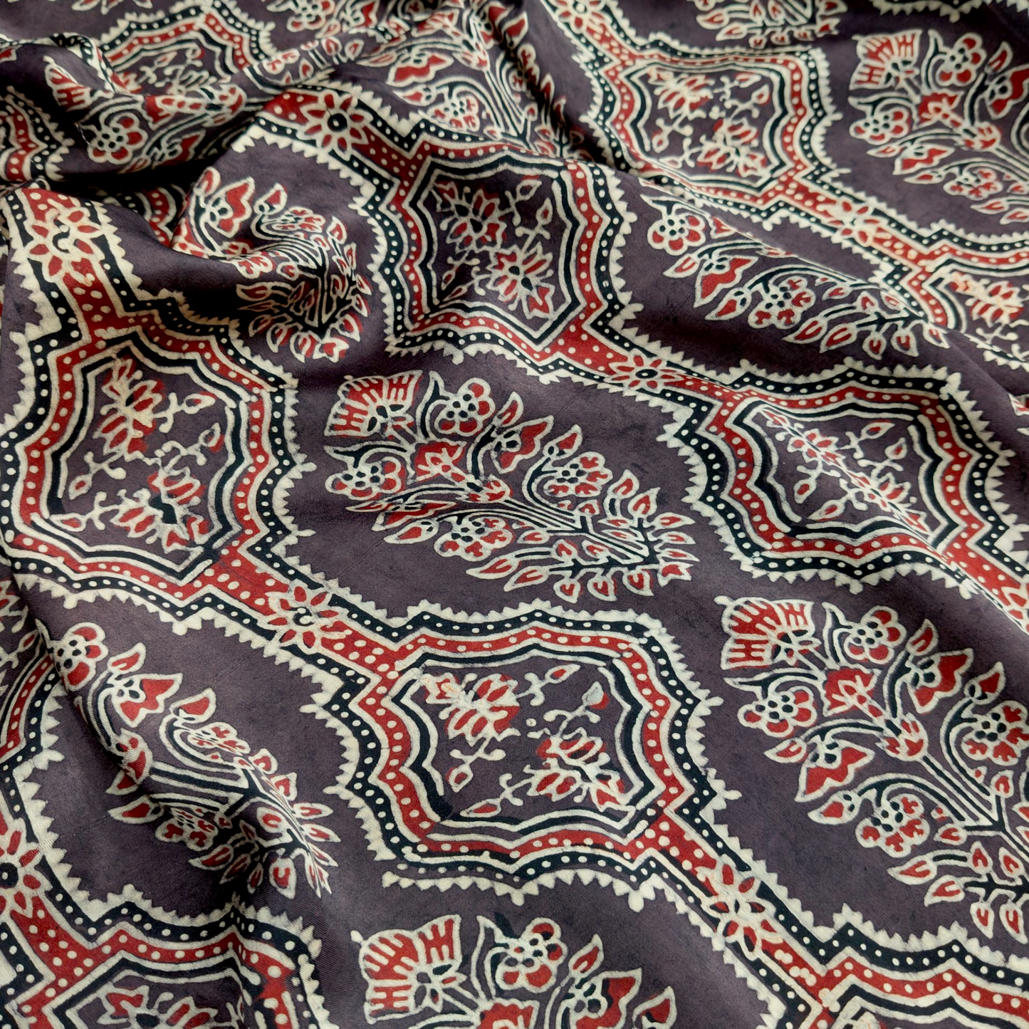 Modal Silk Ajrakh Brown Floral Hand Block Printed Fabric