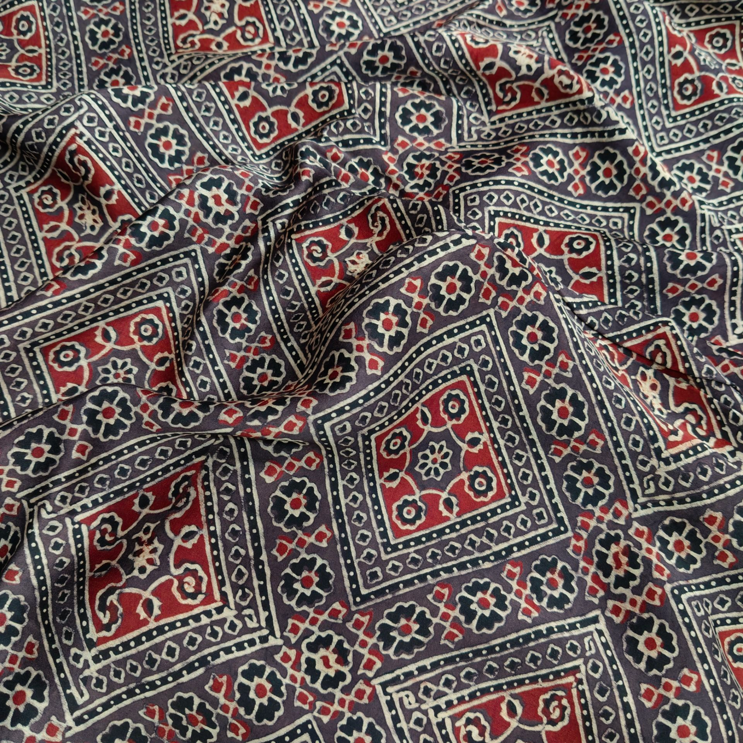 Modal Silk Ajrakh Brown Floral Hand Block Printed Fabric