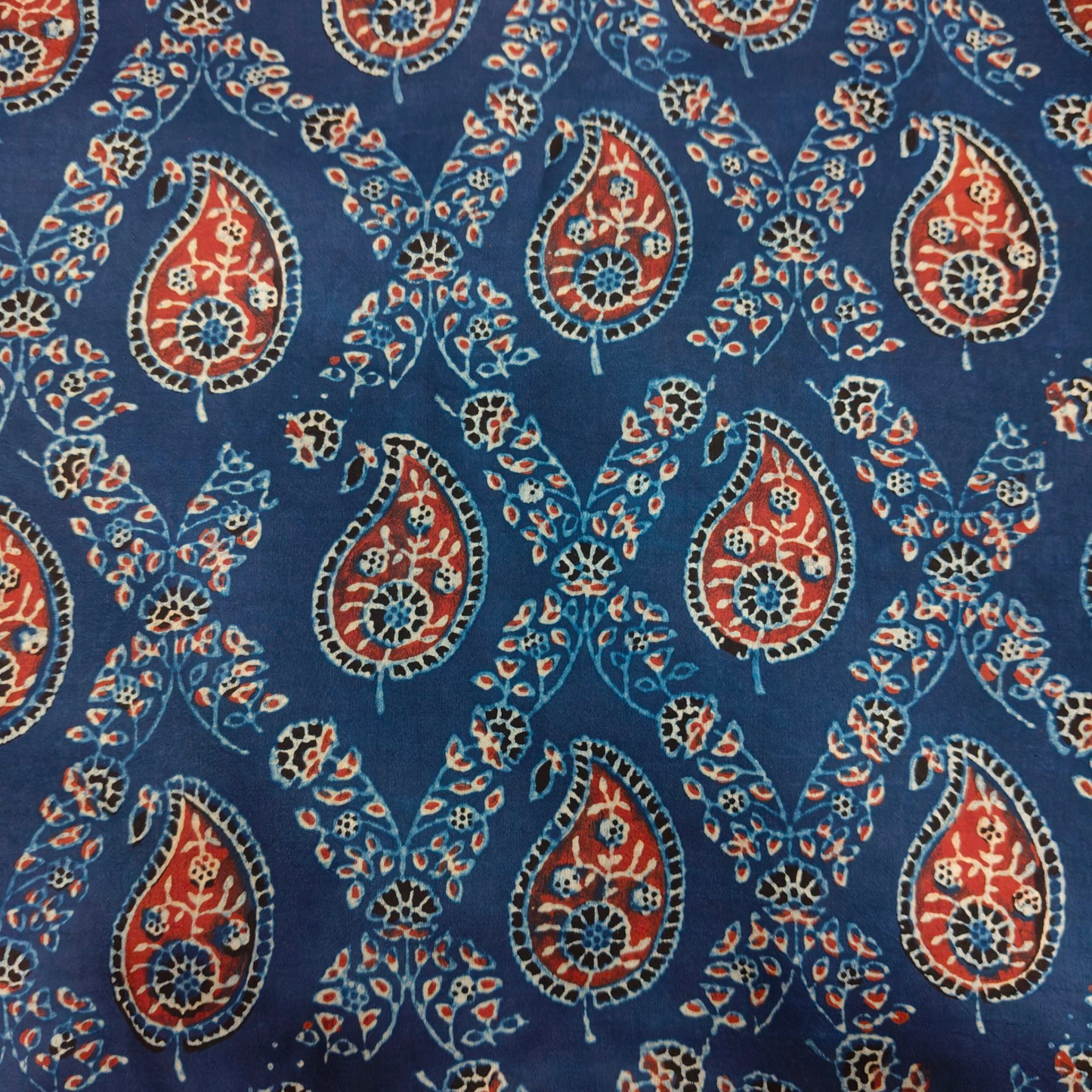Modal Silk Ajrakh Blue Floral Hand Block Printed Fabric