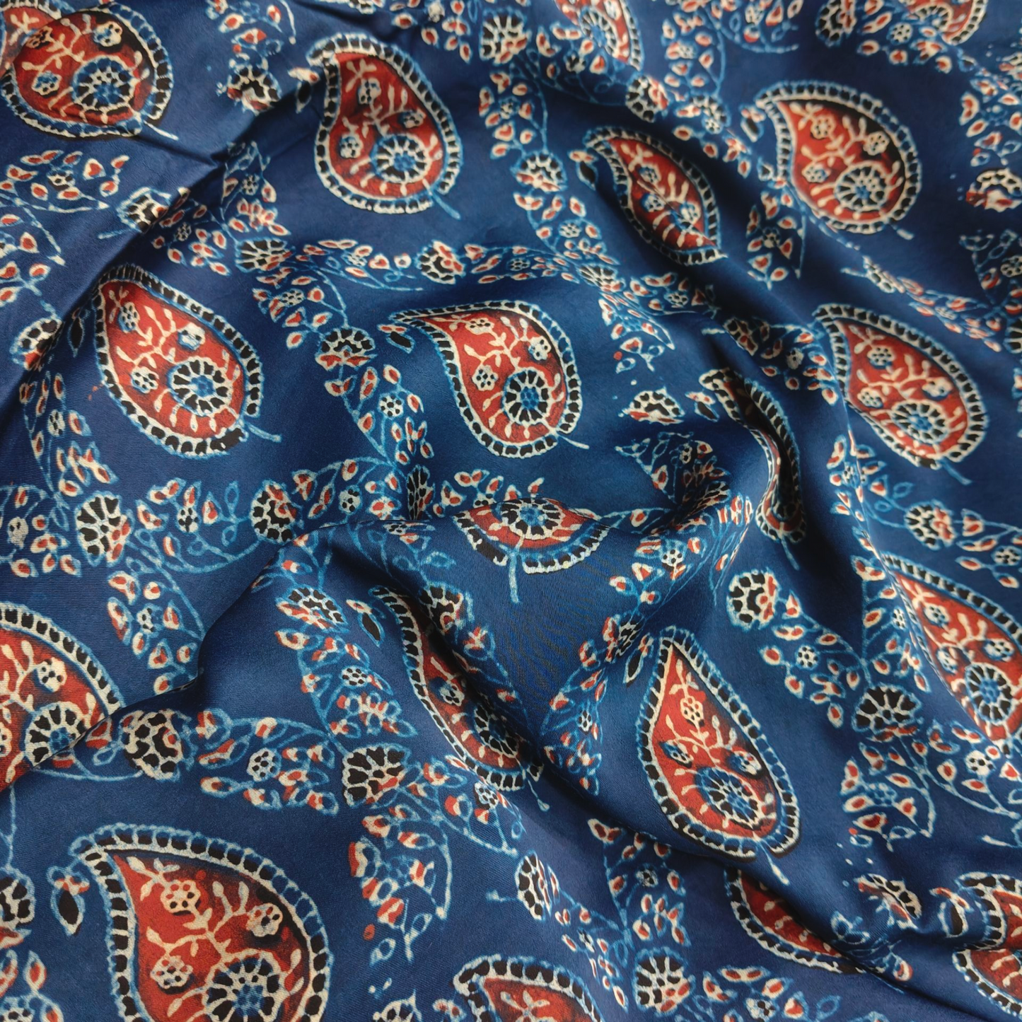Modal Silk Ajrakh Blue Floral Hand Block Printed Fabric