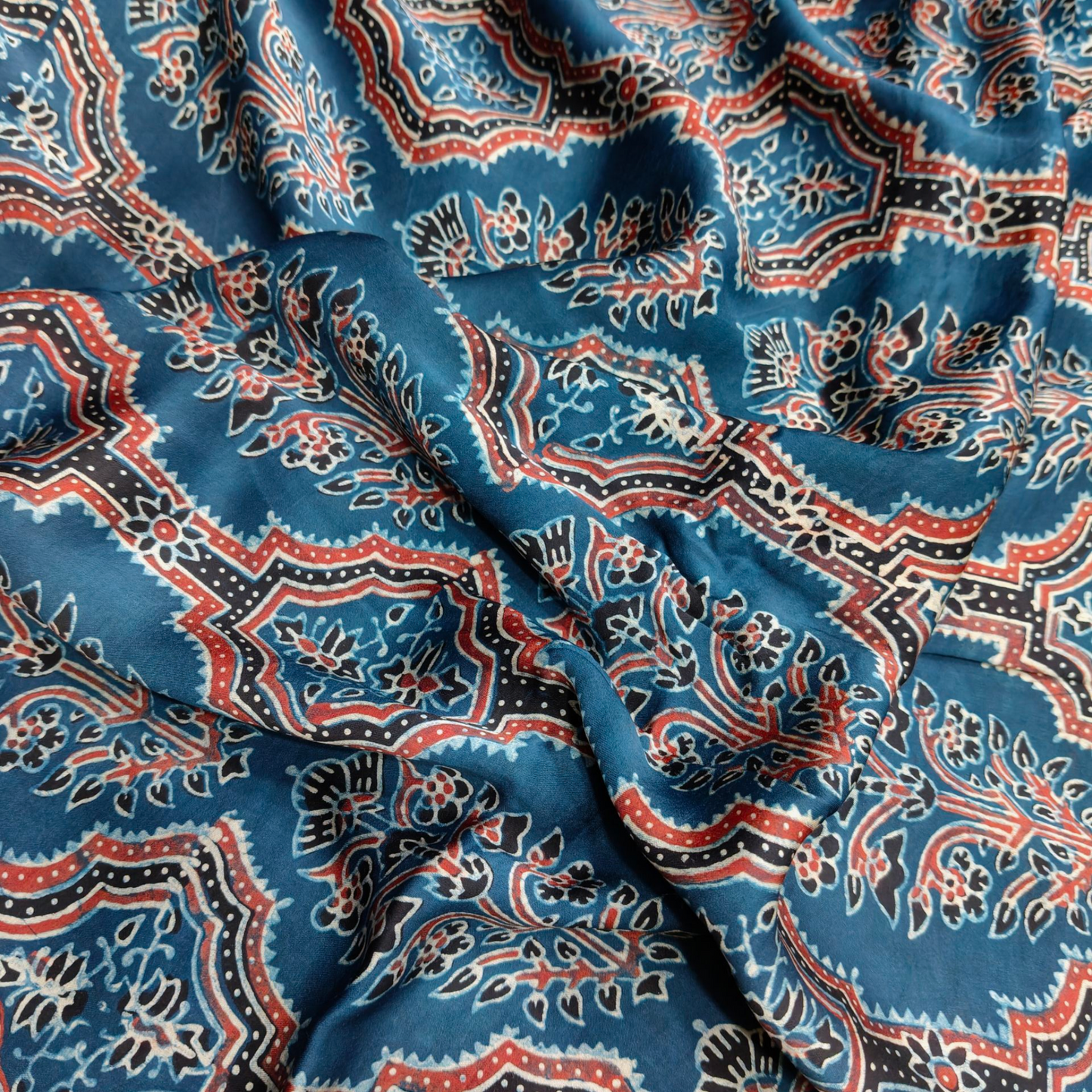 Modal Silk Ajrakh Blue Floral Hand Block Printed Fabric