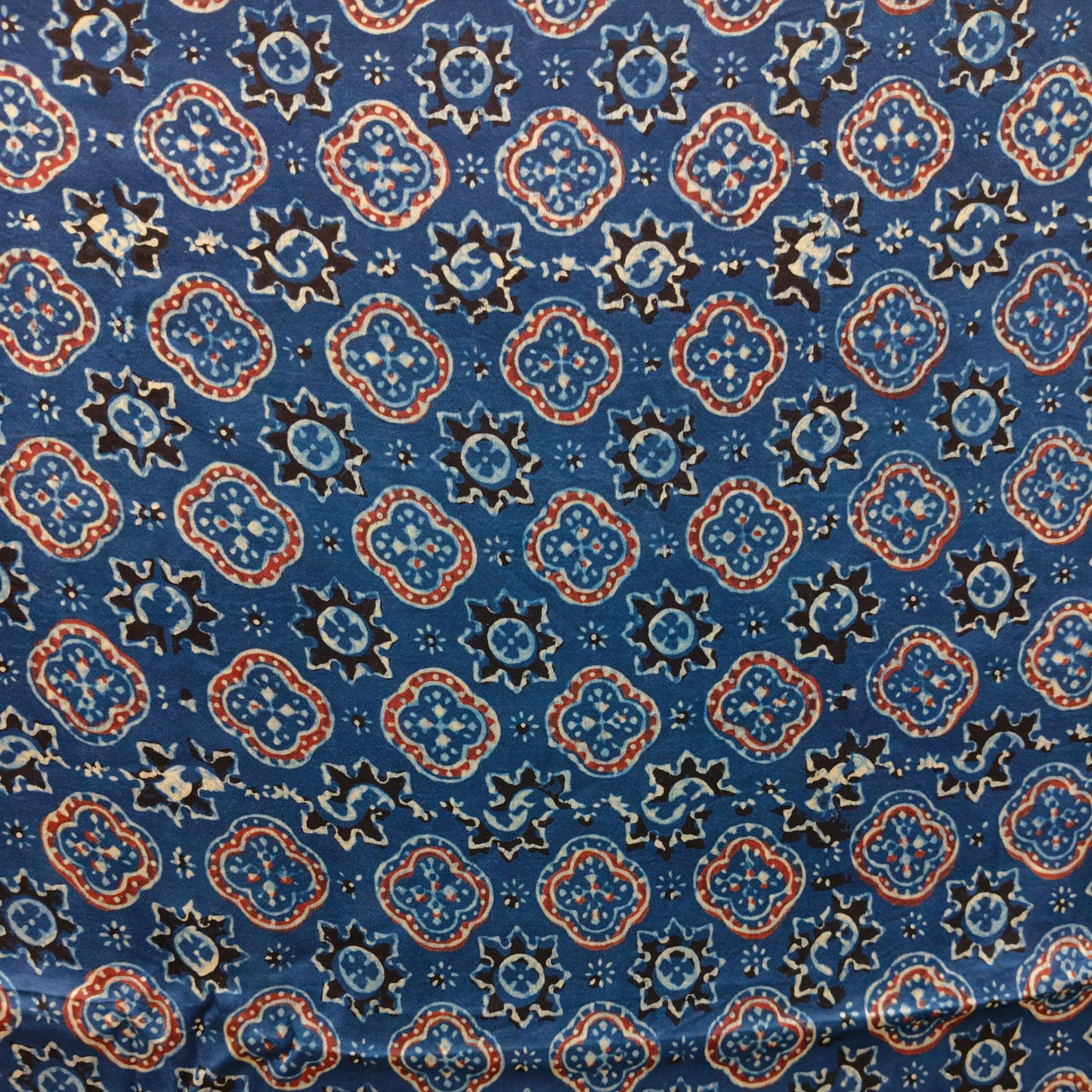 Modal Silk Ajrakh Blue Floral Hand Block Printed Fabric