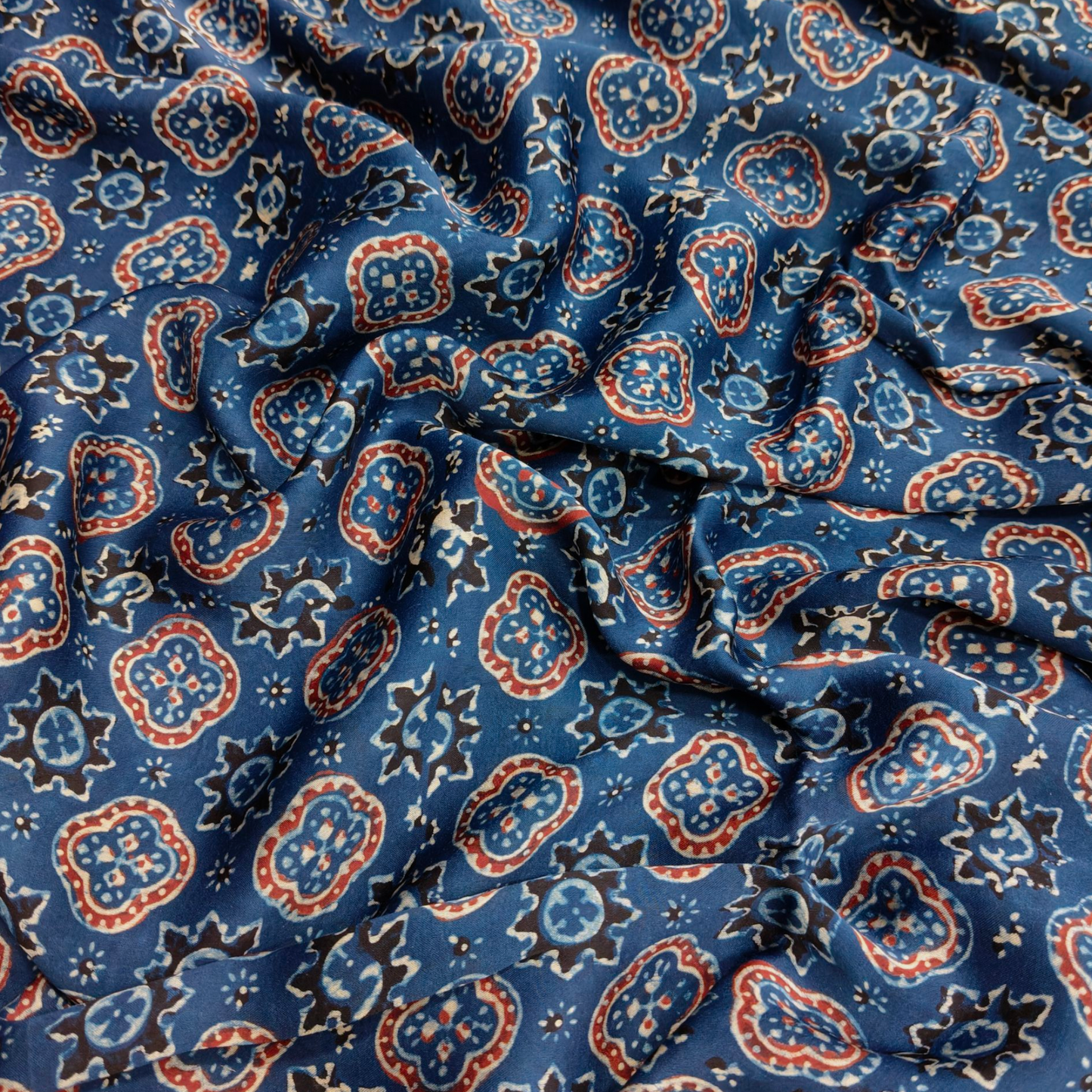 Modal Silk Ajrakh Blue Floral Hand Block Printed Fabric