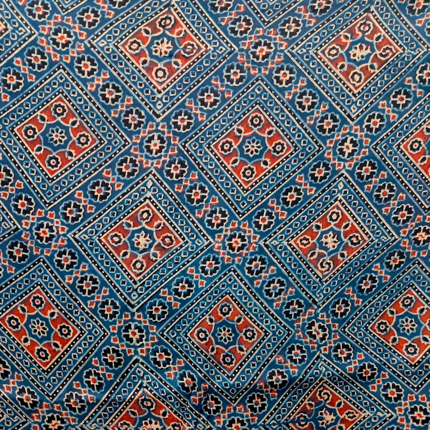 Modal Silk Ajrakh Blue Floral Hand Block Printed Fabric
