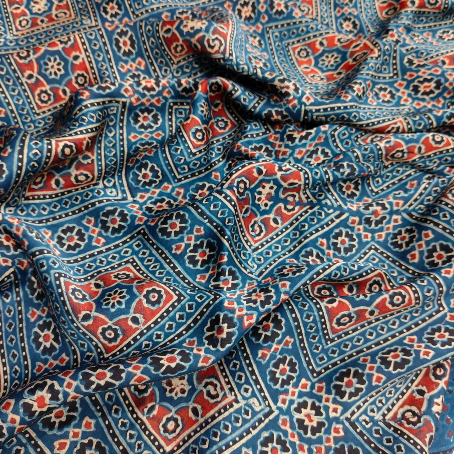 Modal Silk Ajrakh Blue Floral Hand Block Printed Fabric