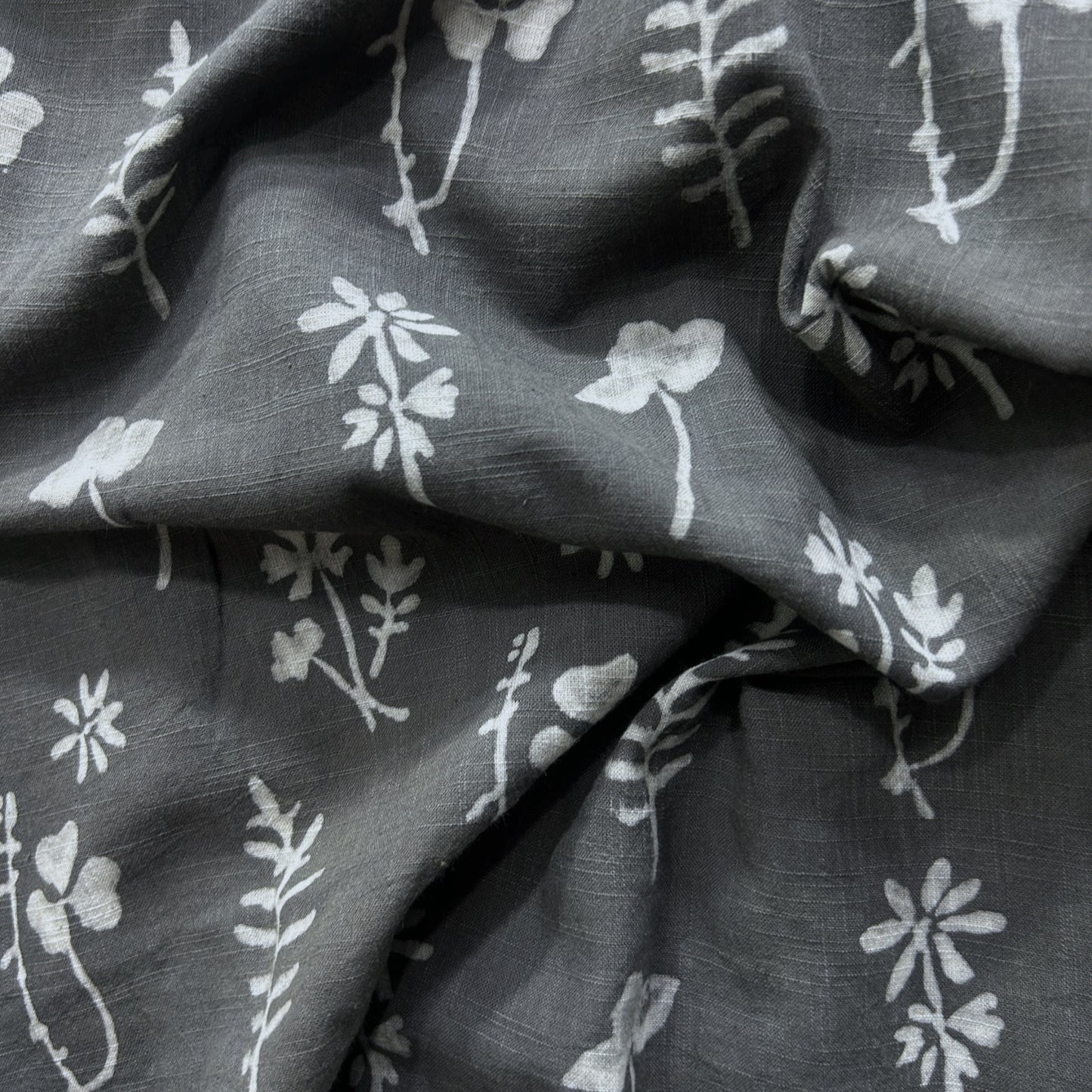 Dabu Grey Slub Cotton Floral Hand Block Printed Fabric