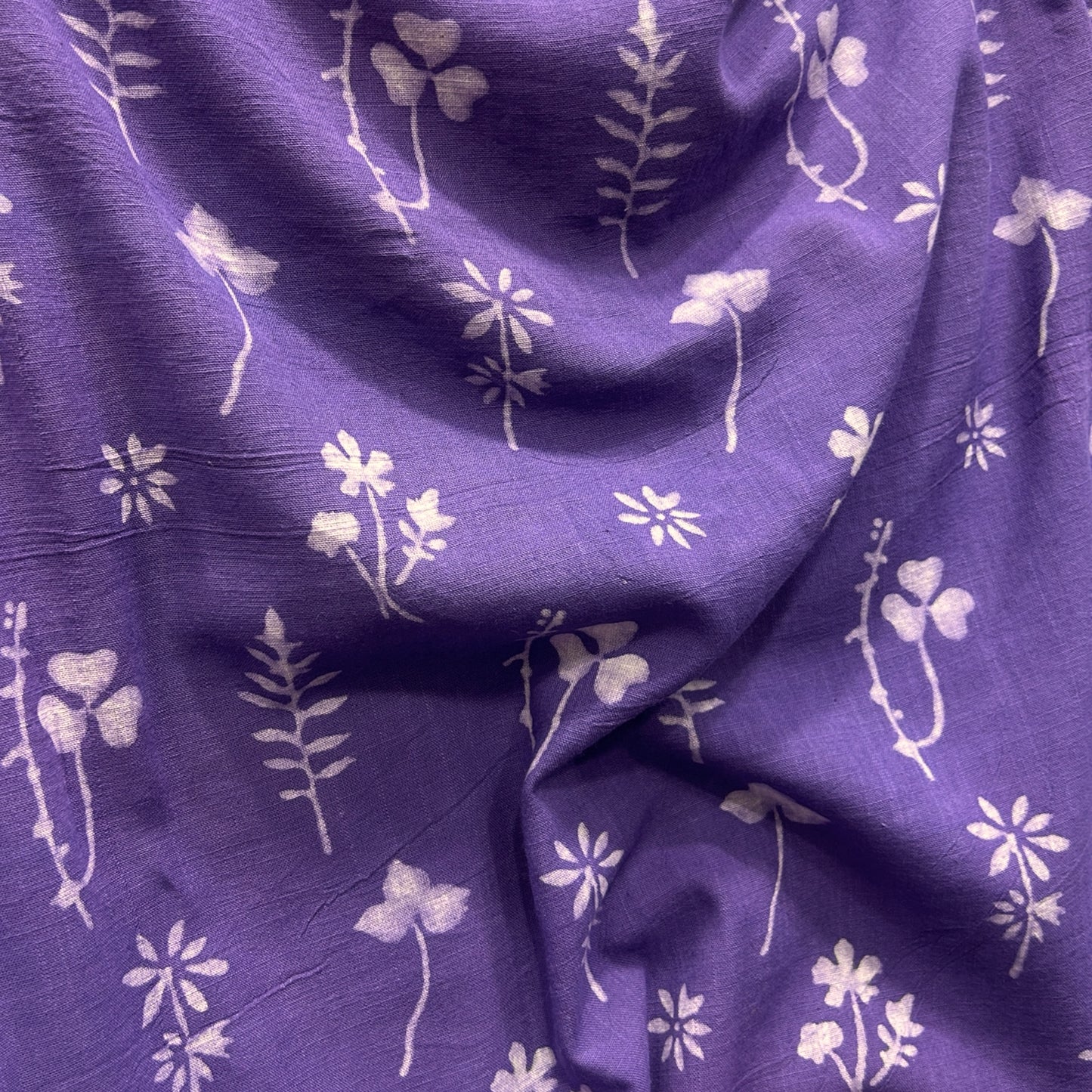 Dabu Purple Slub Cotton Floral Hand Block Printed Fabric