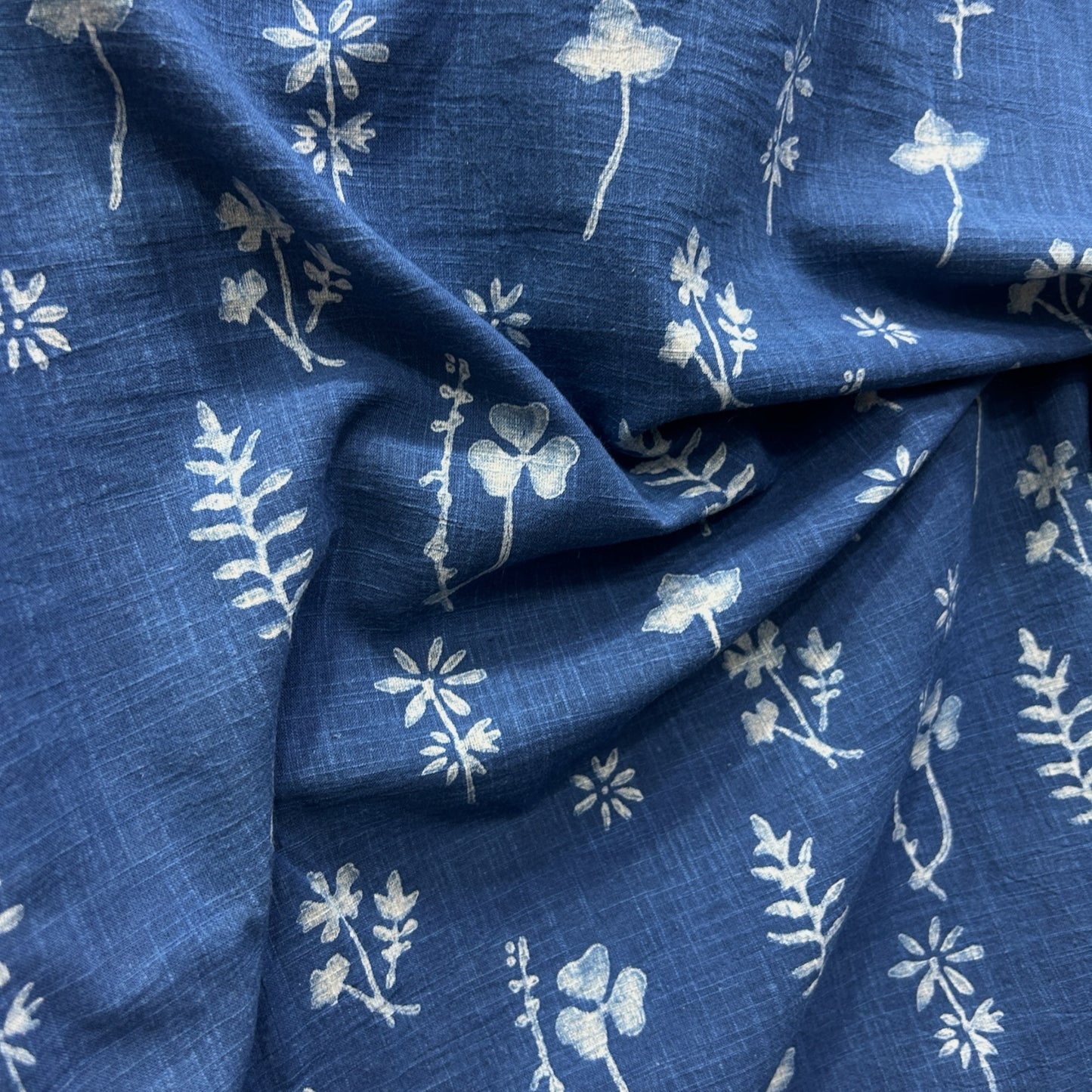 Dabu Blue Slub Cotton Floral Hand Block Printed Fabric