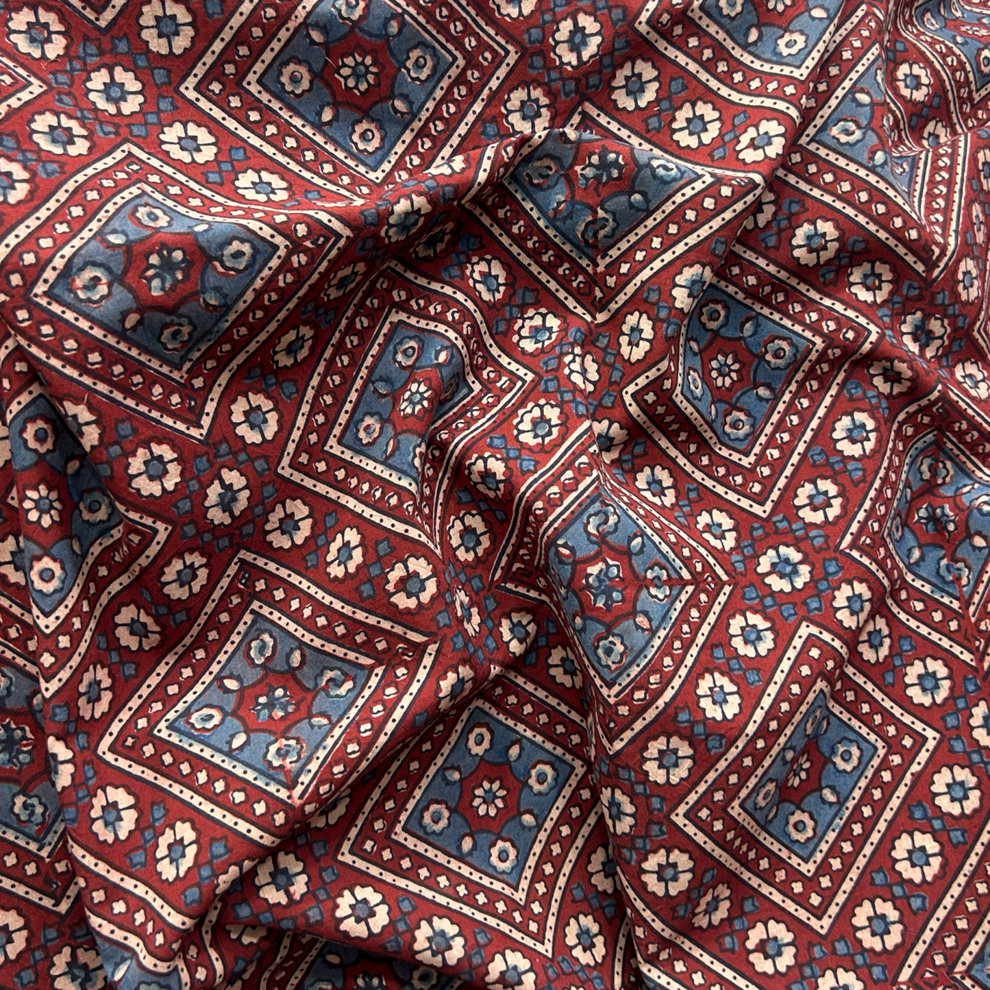 Ajrakh Red Geometric Hand Block Printed Fabric