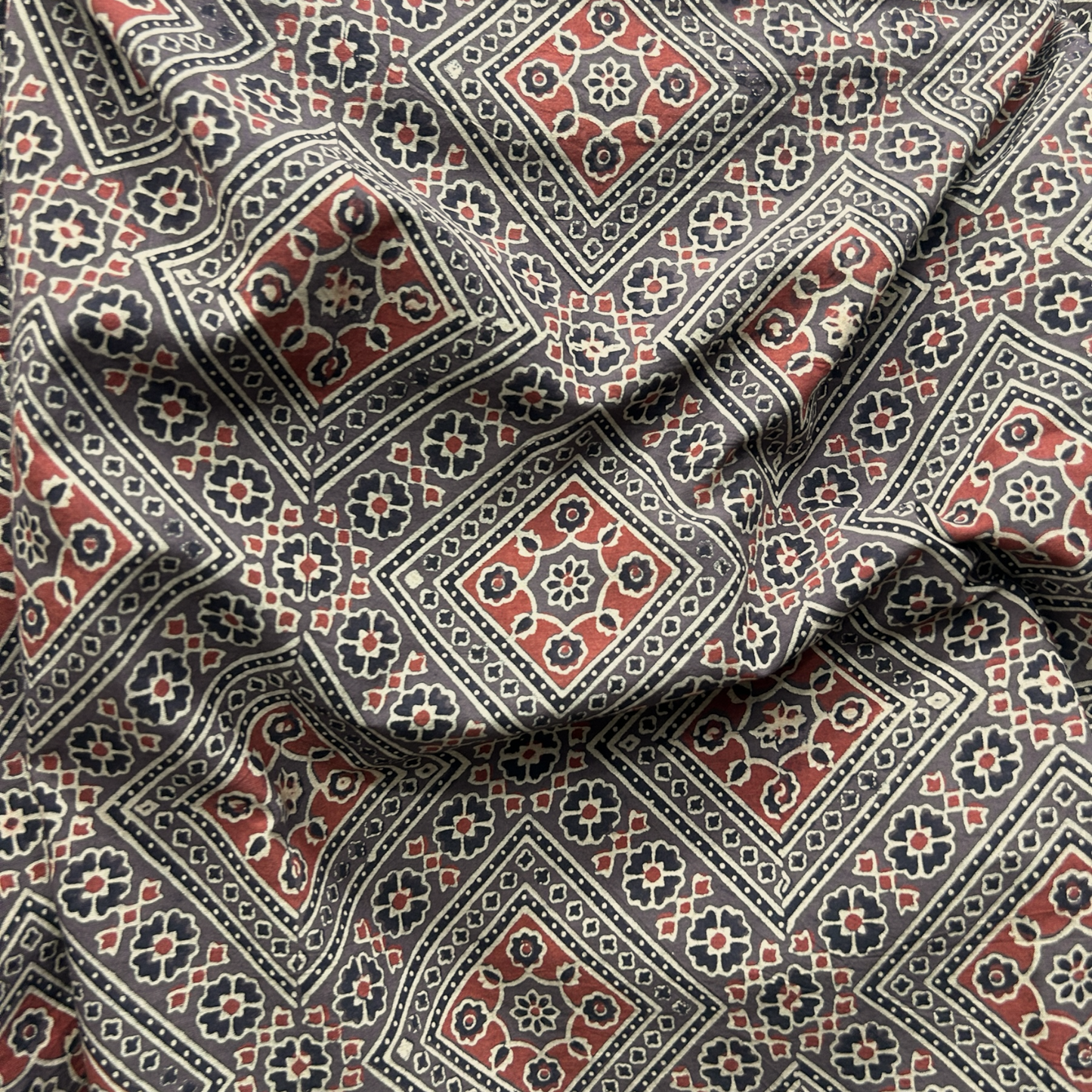Ajrakh Brown Geometric Hand Block Printed Fabric