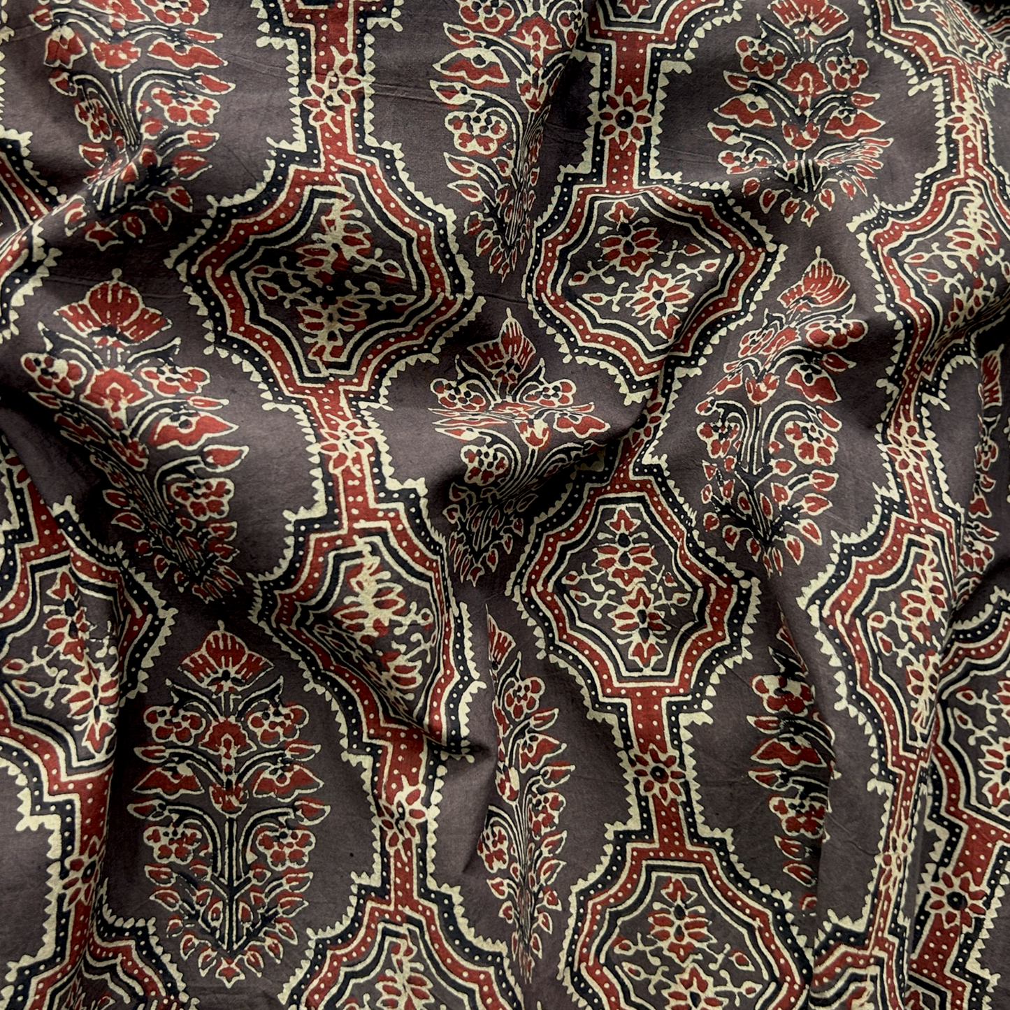 Ajrakh Brown Floral Hand Block Printed Fabric