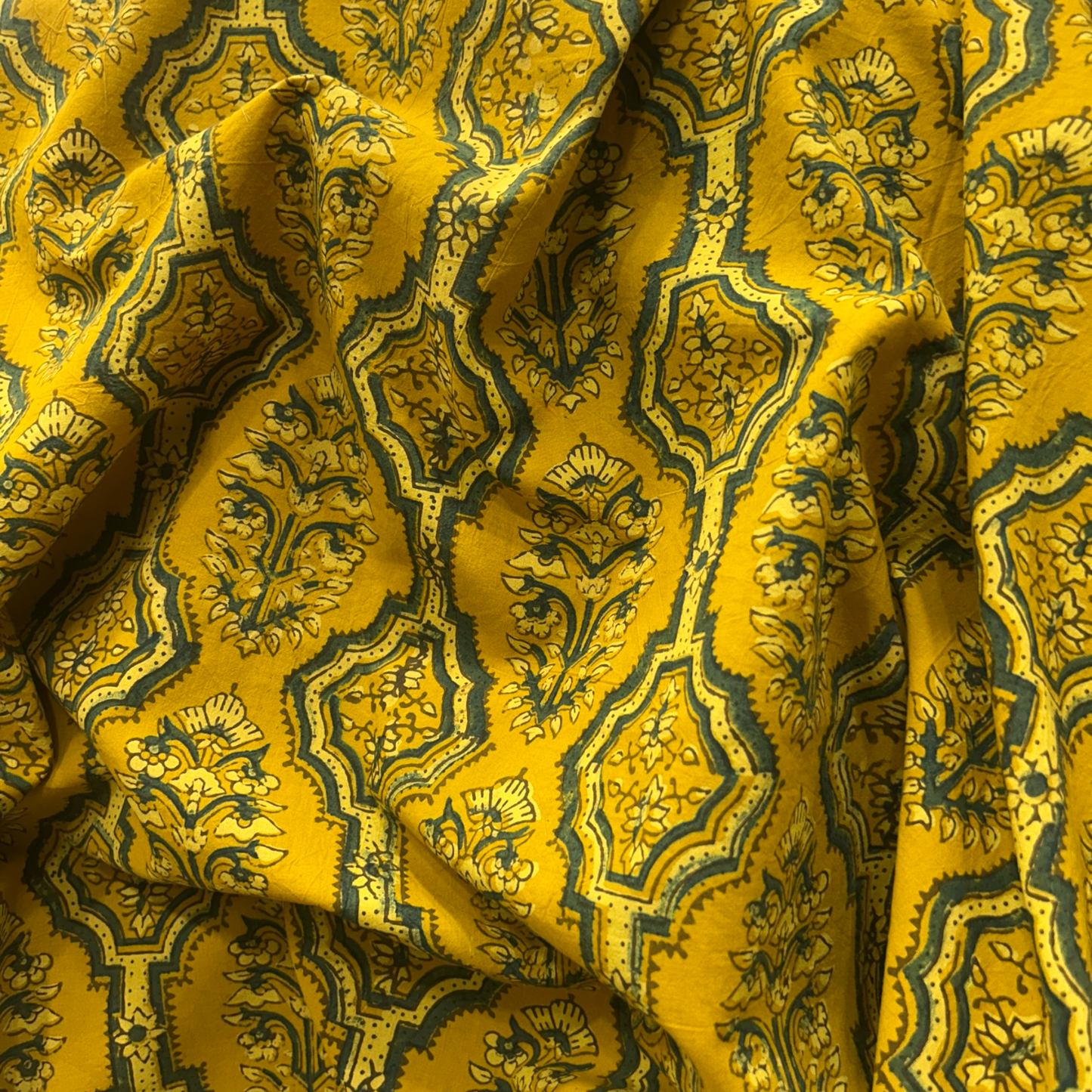 Ajrakh Yellow Floral Hand Block Printed Fabric