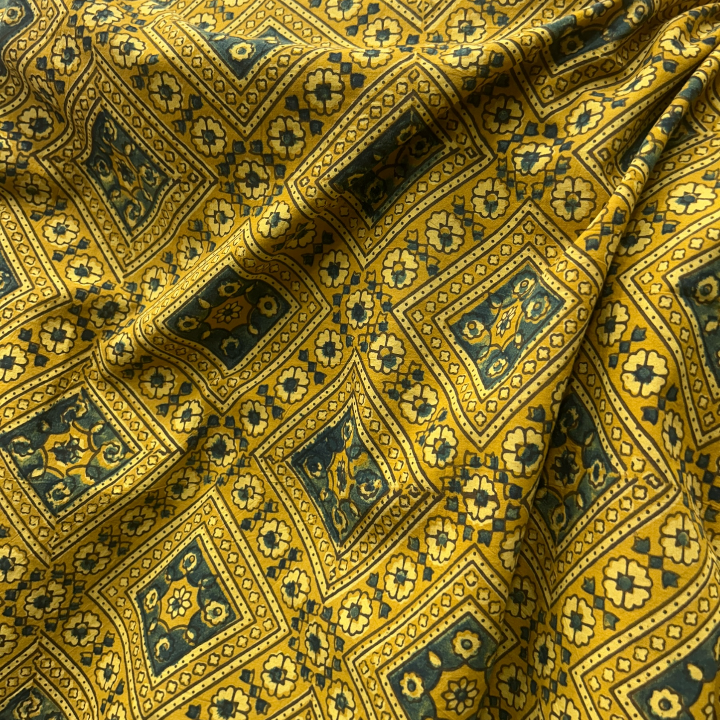 Ajrakh Yellow Geometric Hand Block Printed Fabric