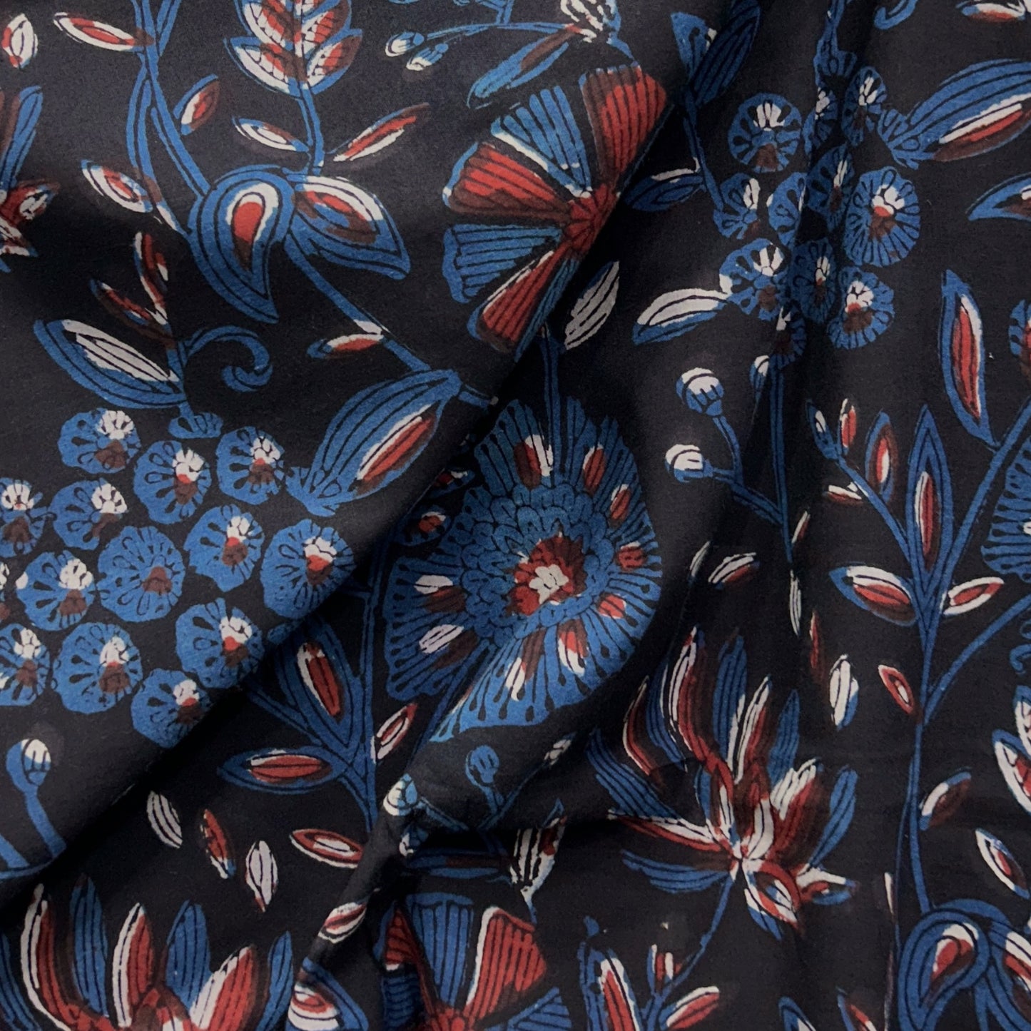 Dabu Black Floral Hand Block Printed Fabric