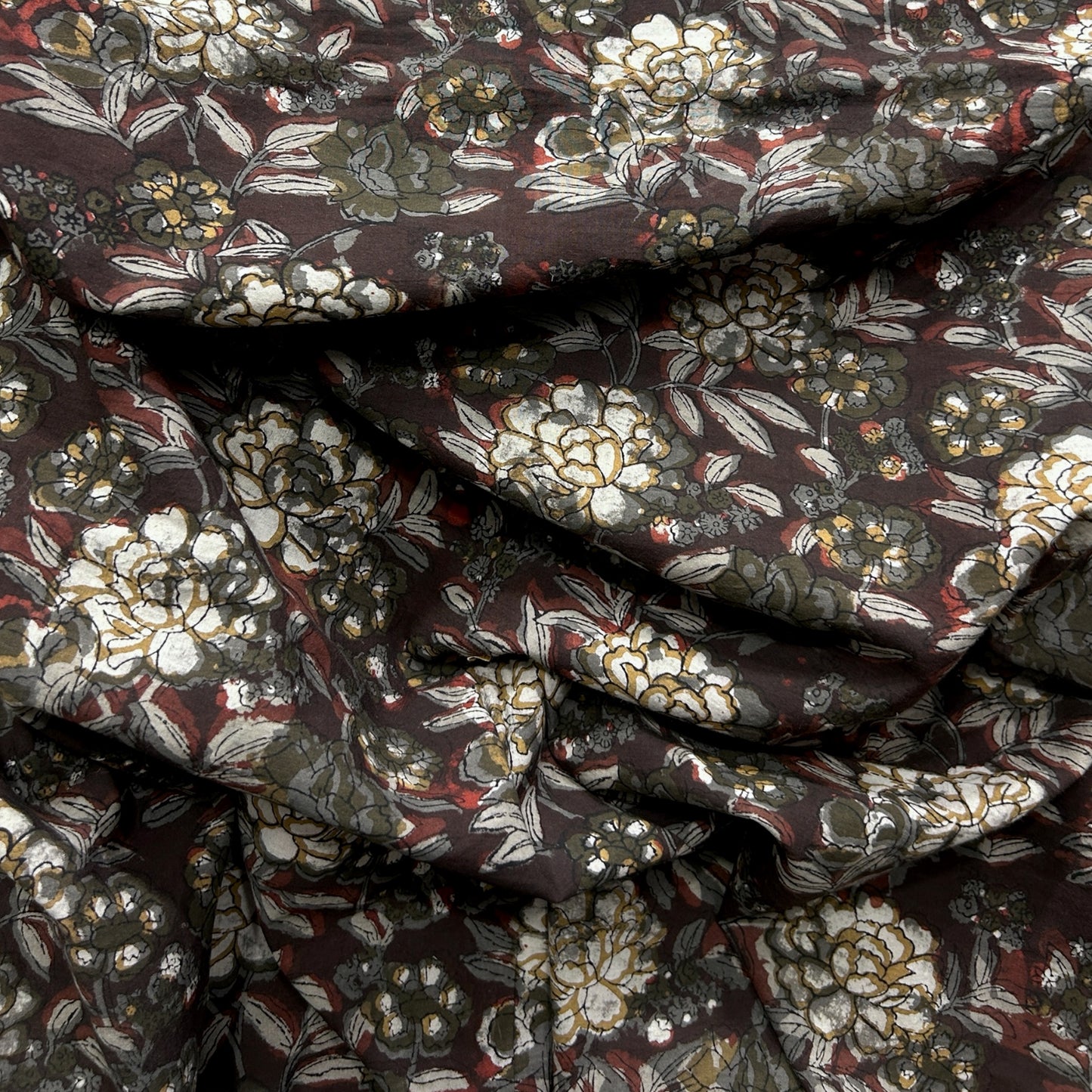 Dabu Brown Floral Hand Block Printed Fabric