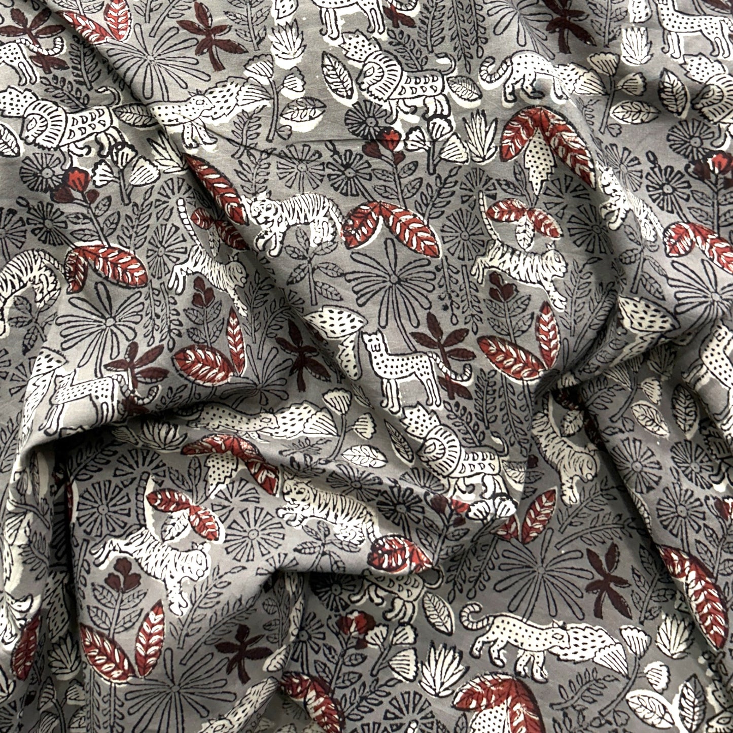 Dabu Grey Animal Motif Hand Block Printed Fabric