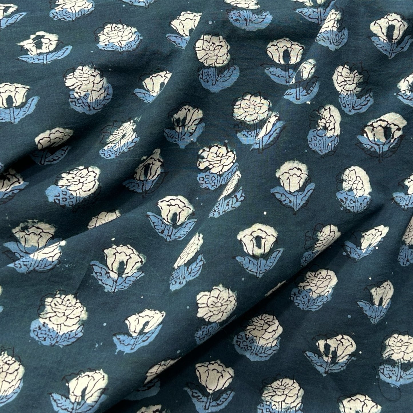 Dabu Turquoise Green Floral Hand Block Printed Fabric