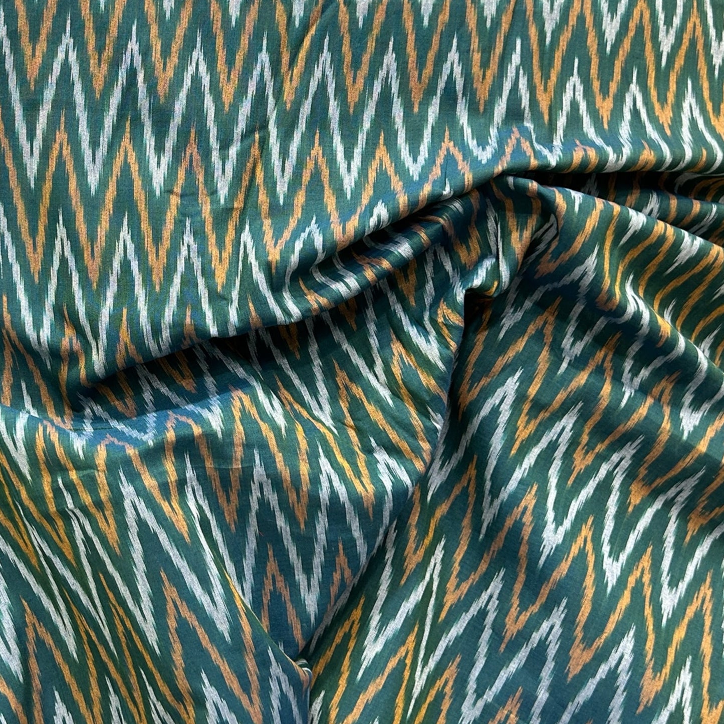 Cotton Mercerised Ikkat Dark Green With White and Yellow Woven Fabric