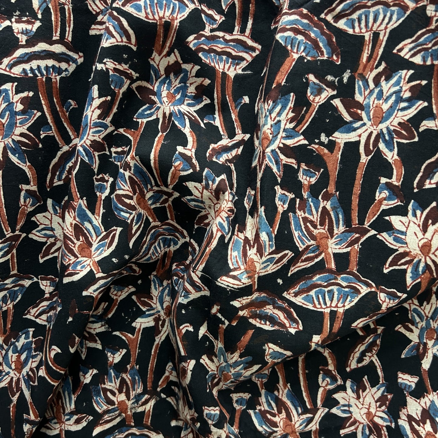Kalamkari Black Floral Hand Block Printed Fabric