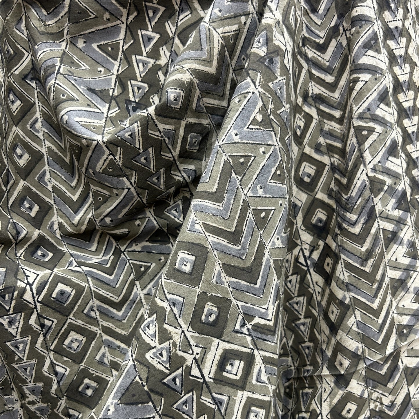 Kalamkari Grey Geometric Motif Hand Block Printed Fabric