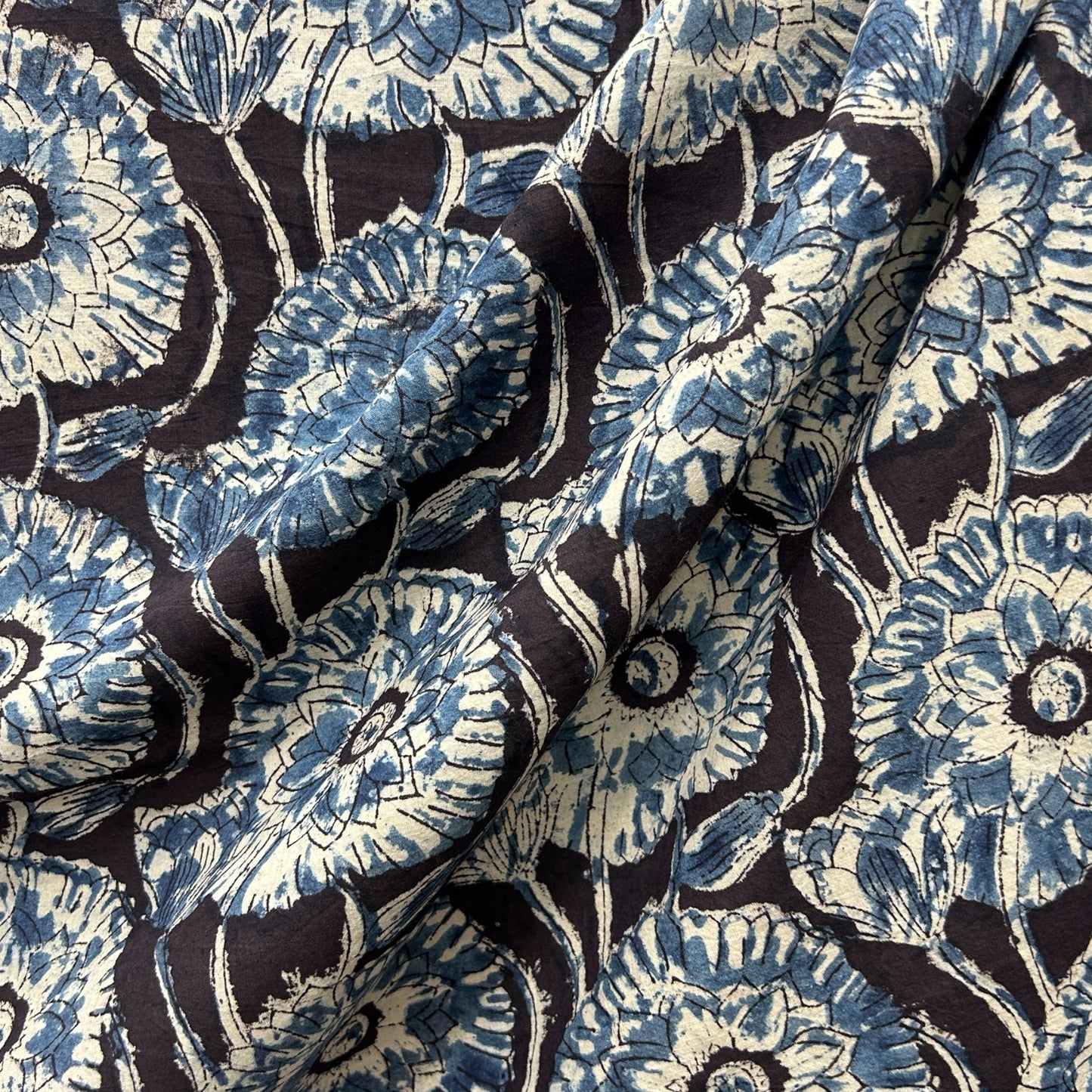 Kalamkari Black Floral Hand Block Printed Fabric