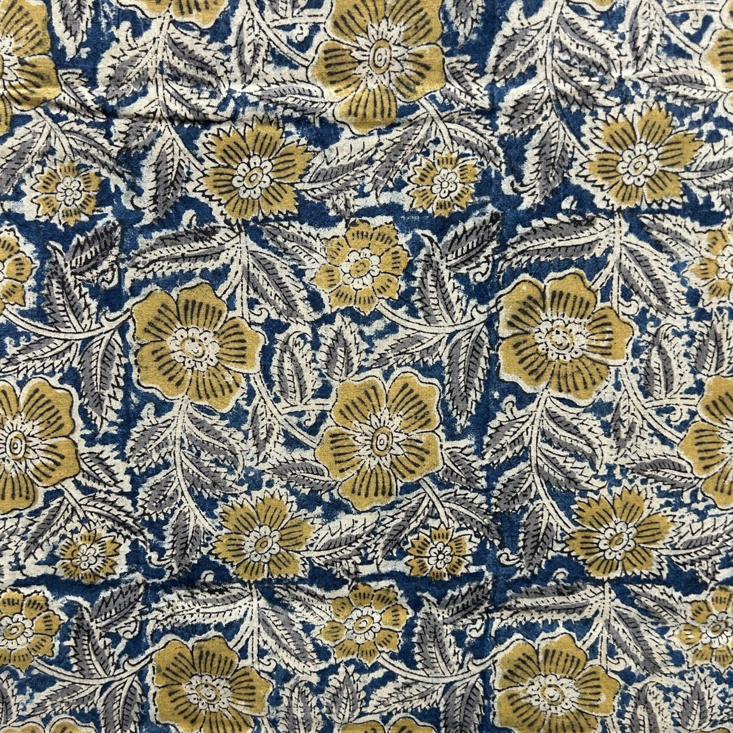 Kalamkari Blue Yellow Floral Hand Block Printed Fabric