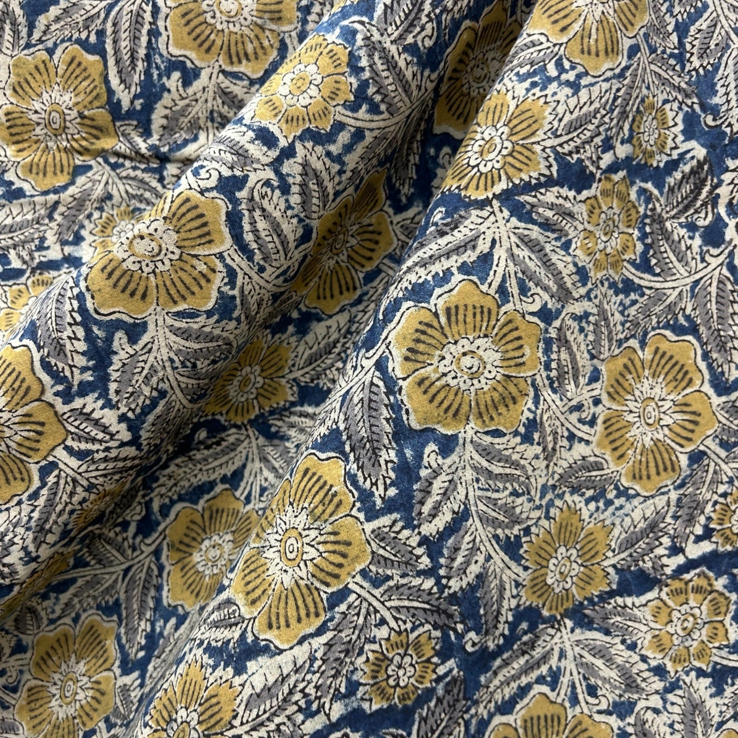Kalamkari Blue Yellow Floral Hand Block Printed Fabric