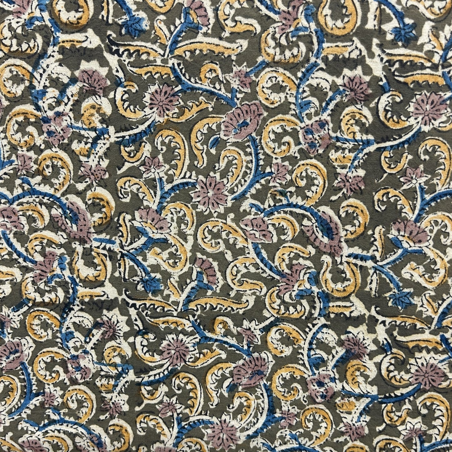 Kalamkari Olive Green Floral Hand Block Printed Fabric