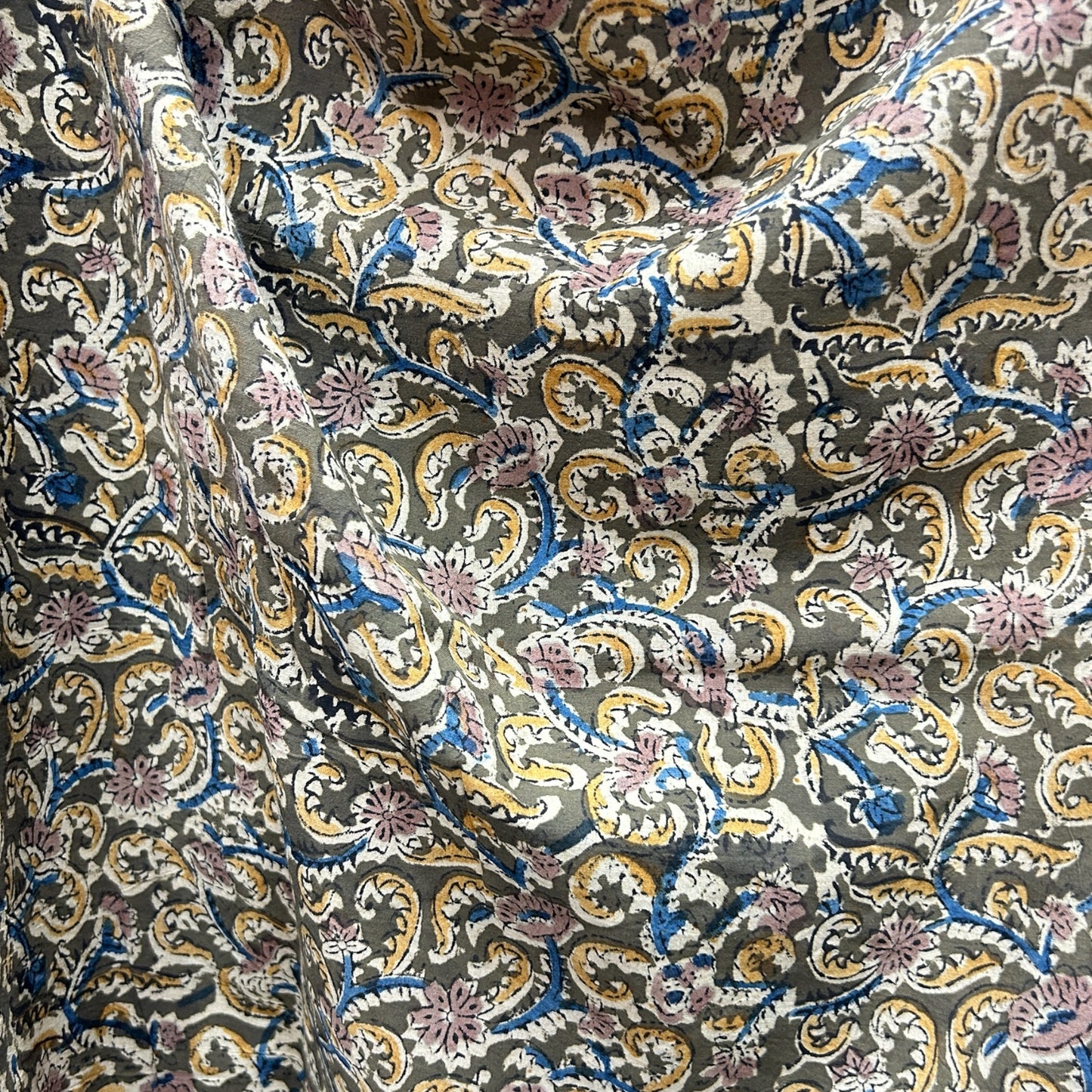 Kalamkari Olive Green Floral Hand Block Printed Fabric