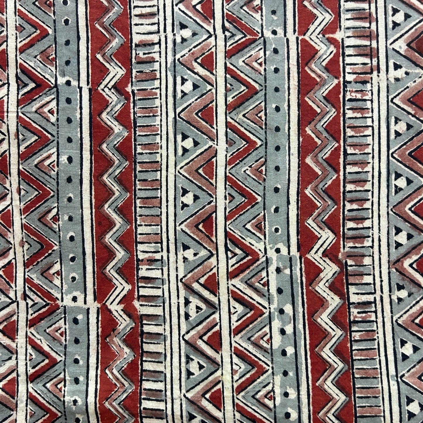 Kalamkari Red Grey Geometric Motif Hand Block Printed Fabric
