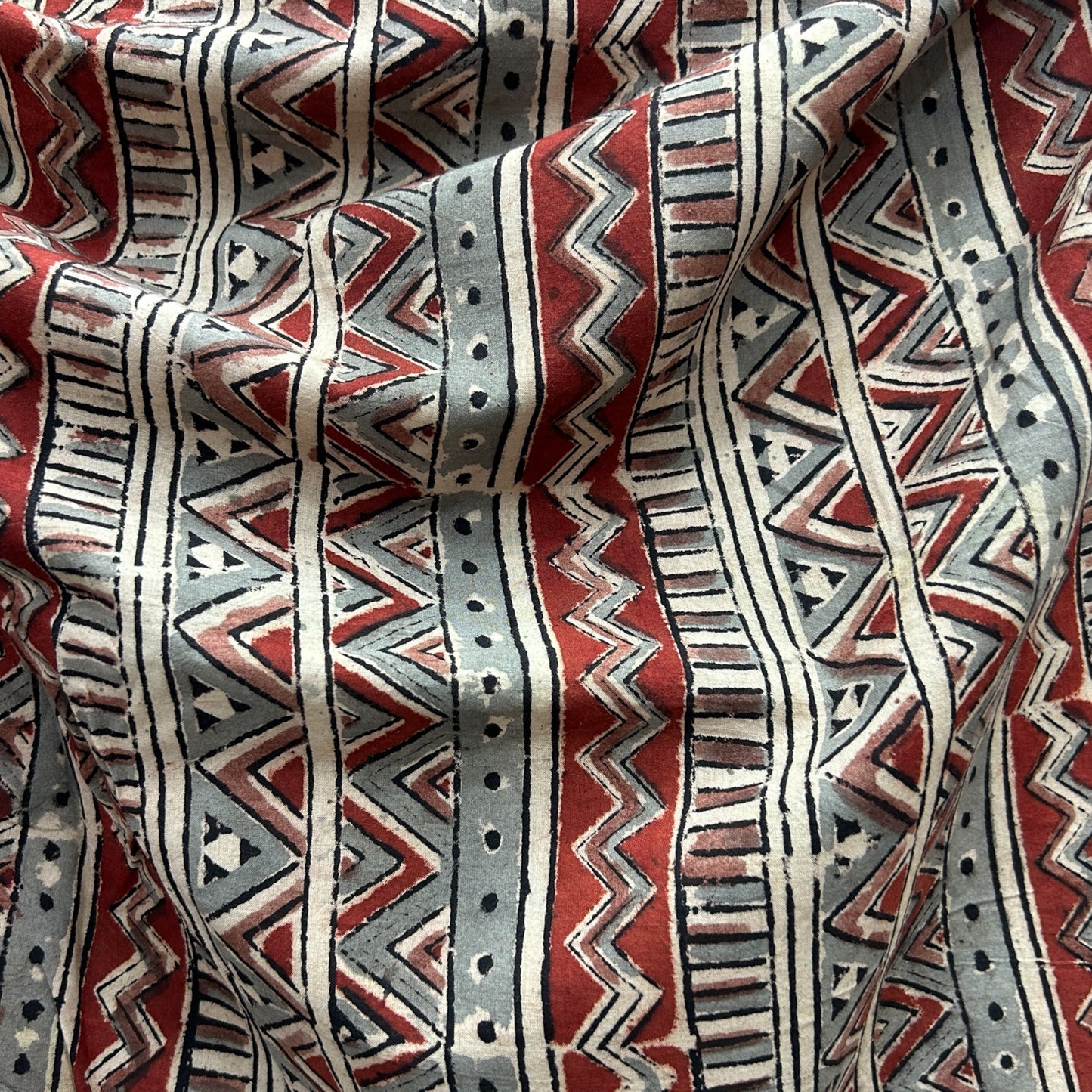 Kalamkari Red Grey Geometric Motif Hand Block Printed Fabric