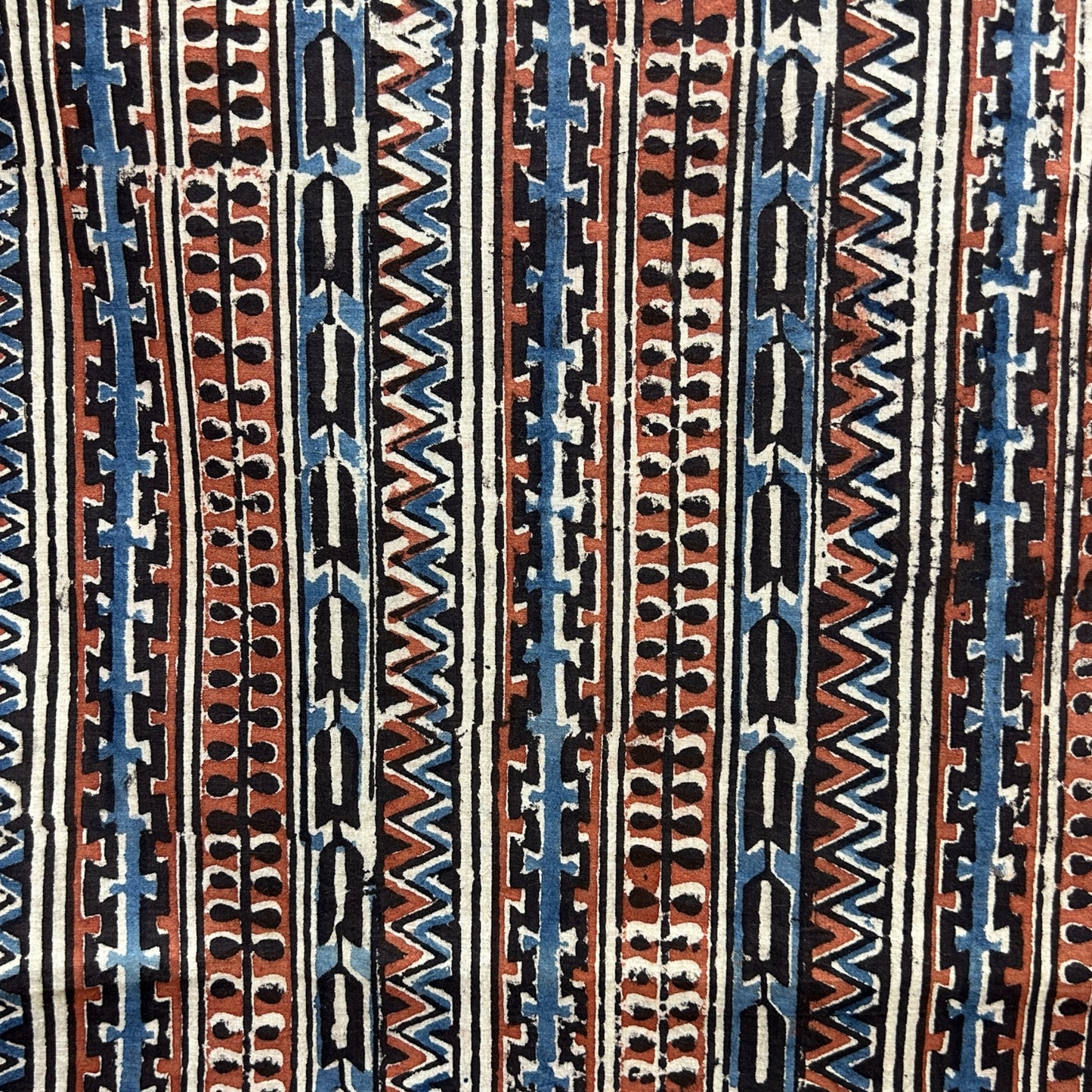 Kalamkari Cream With Red and Blue Geometric Motif Hand Block Printed Fabric
