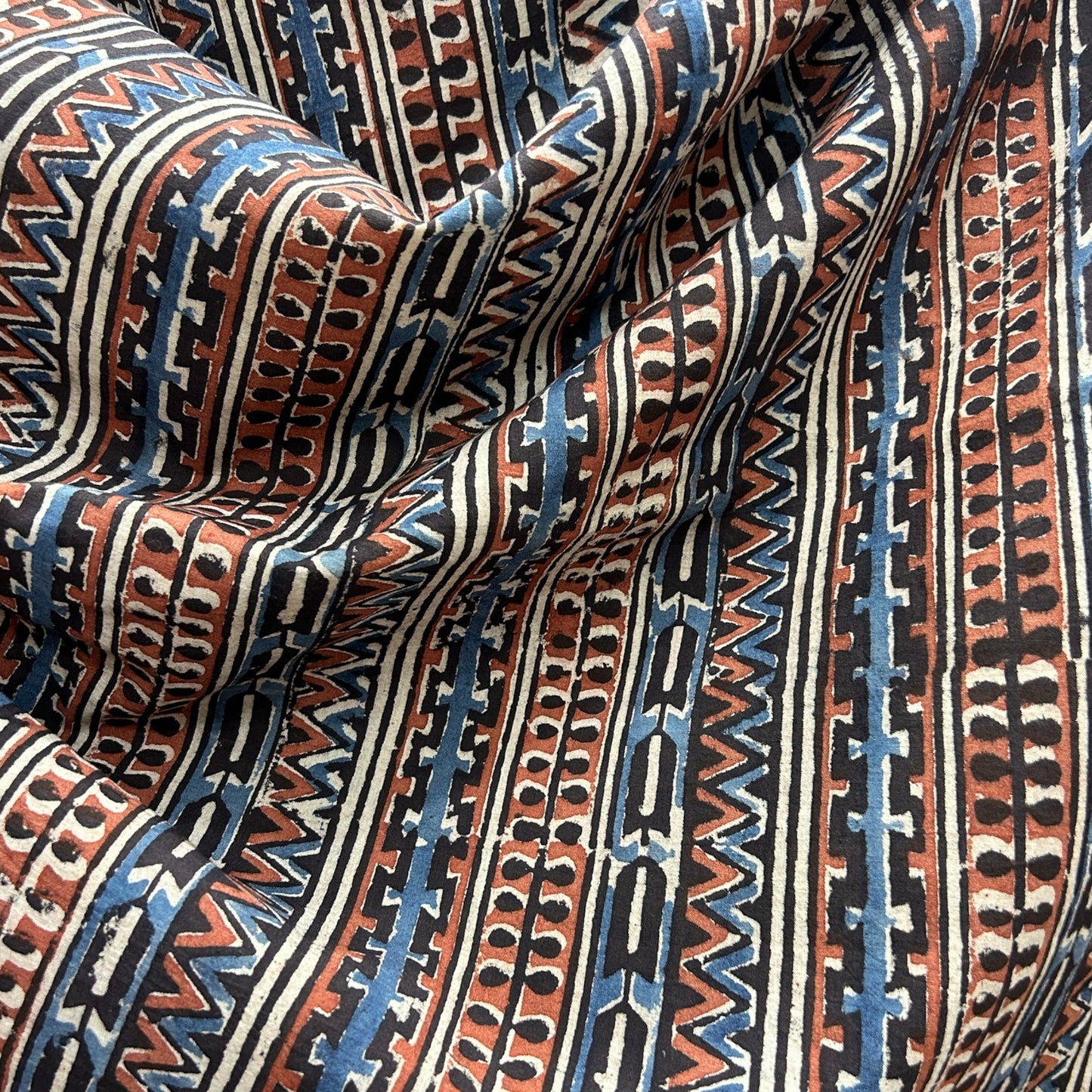 Kalamkari Cream With Red and Blue Geometric Motif Hand Block Printed Fabric