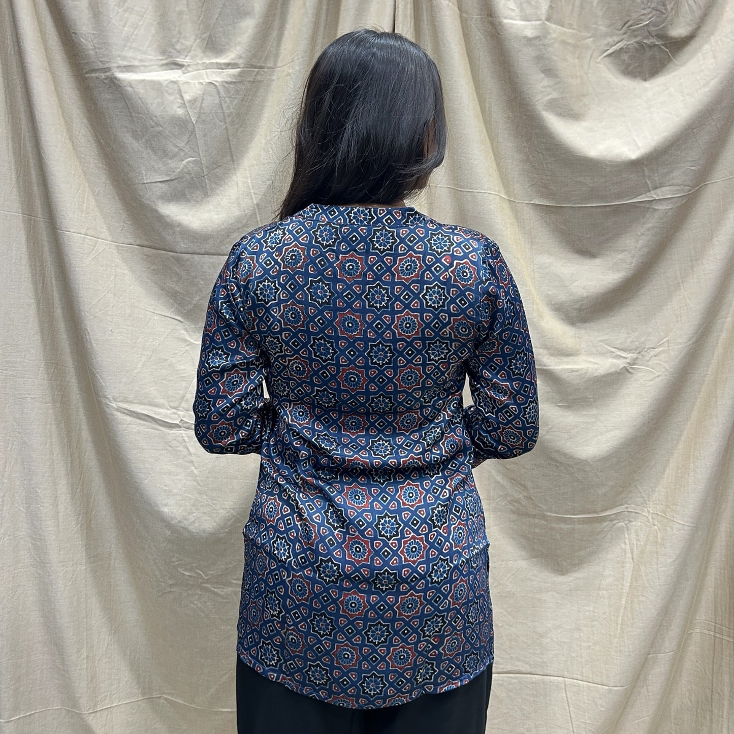 Ajrakh Blue Geometric Modal Silk Short Kurti