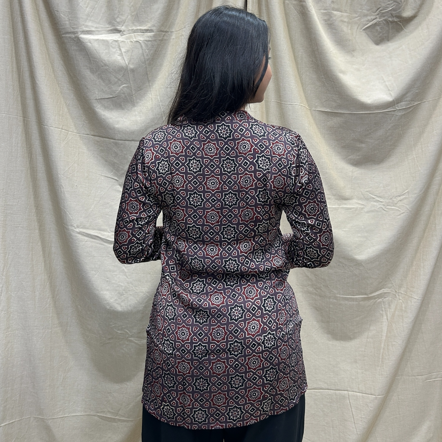 Ajrakh Brown Geometric Modal Silk Short Kurti