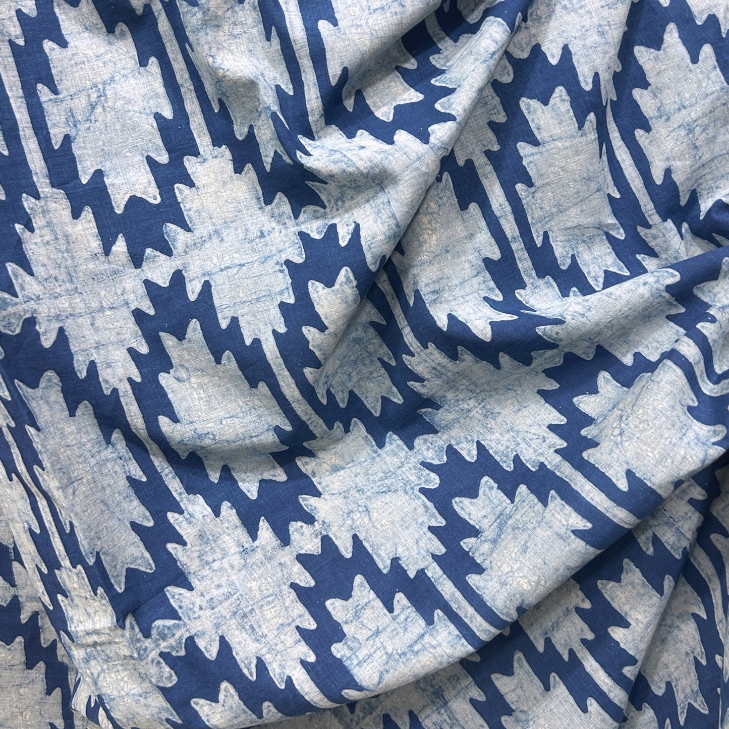 Dabu Blue Slub Cotton Geometric Hand Block Printed Fabric