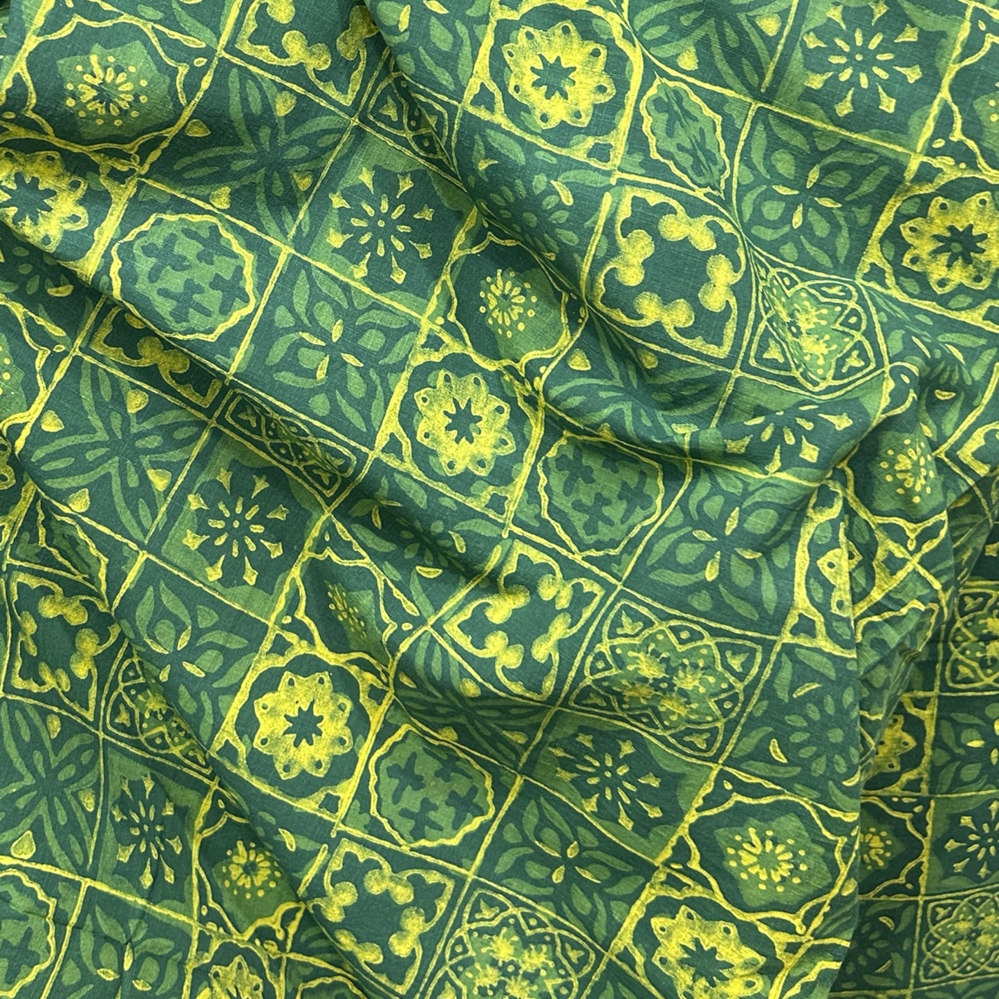 Dabu Green Slub Cotton Floral Hand Block Printed Fabric