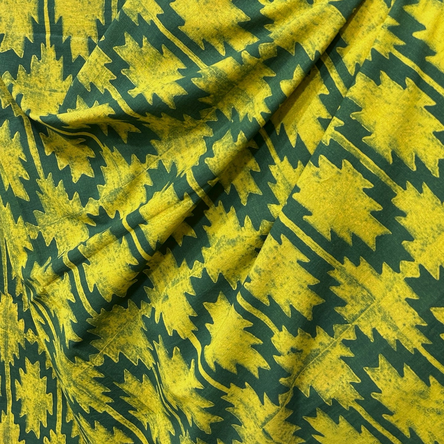 Dabu Green Slub Cotton Geometric Hand Block Printed Fabric