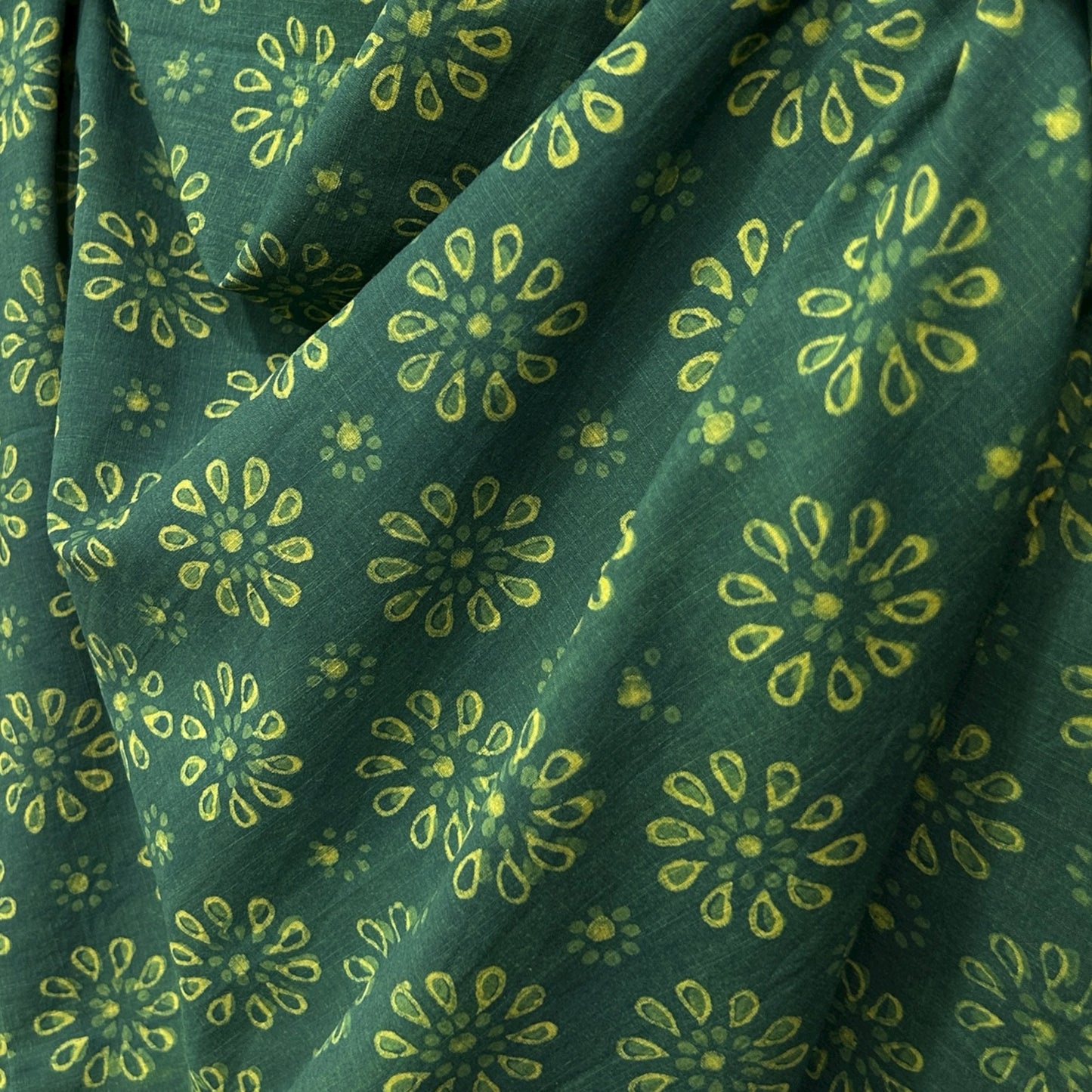 Dabu Green Slub Cotton Floral Hand Block Printed Fabric
