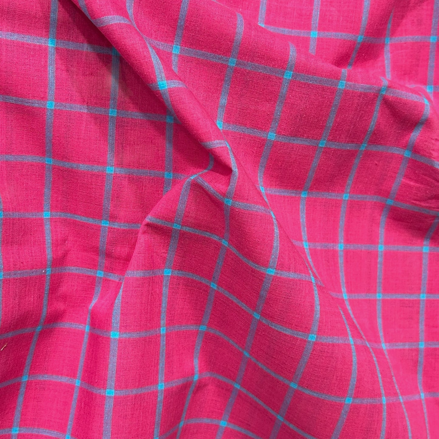 Mangalgiri Pink with Blue Checks Handloom Cotton Fabric