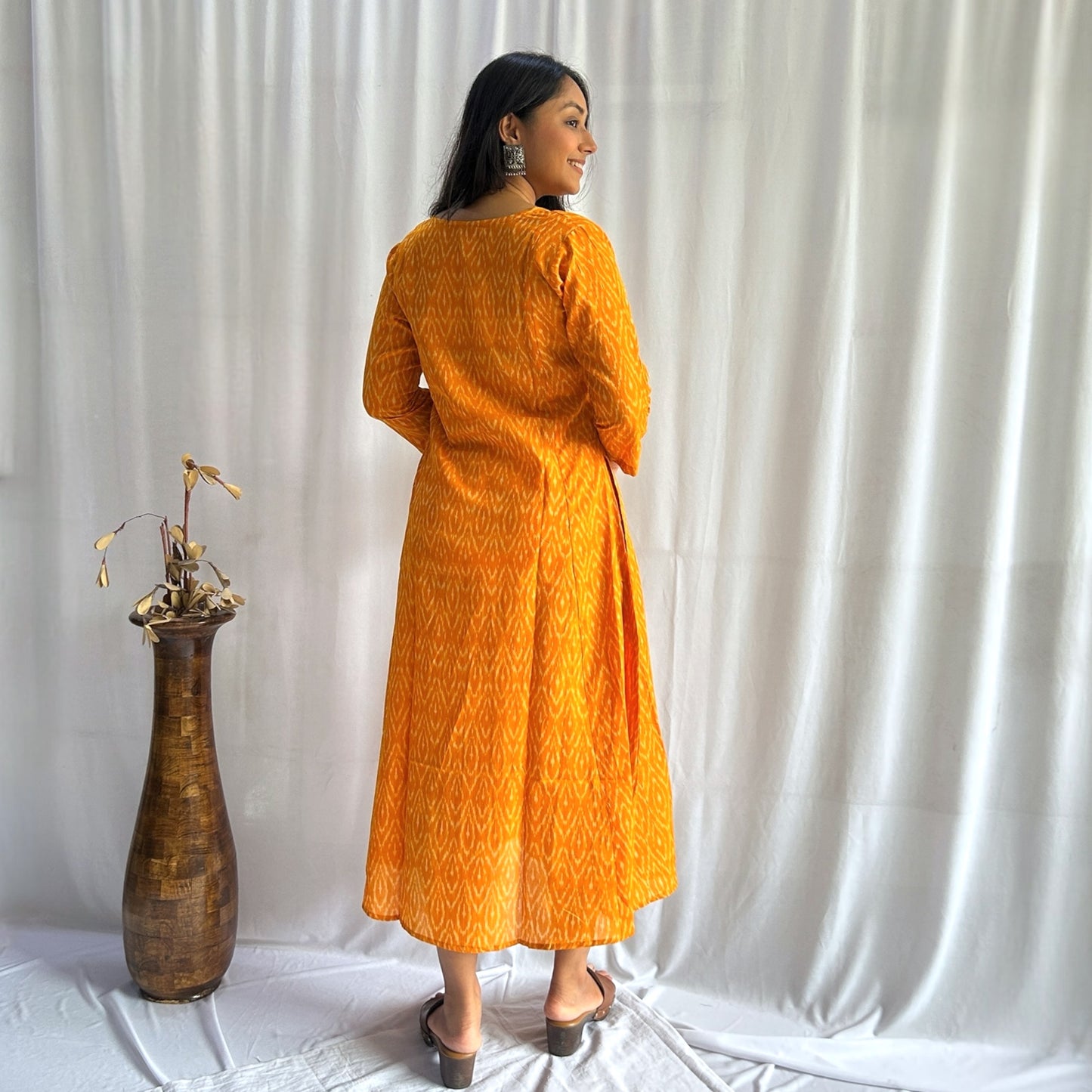 Mercerised Ikkat Yellow Handloom Dress
